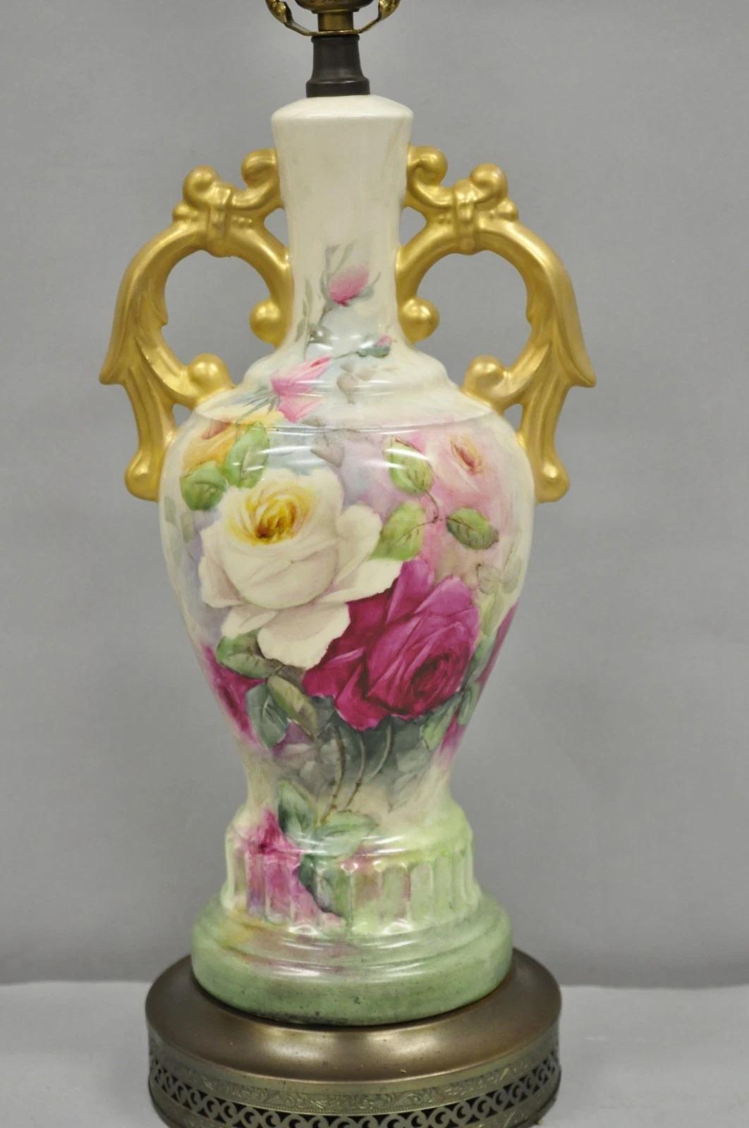 Vittoriano Antique Victorian French Porcelain Hand Painted Flower Vase Form Table Lamp in vendita