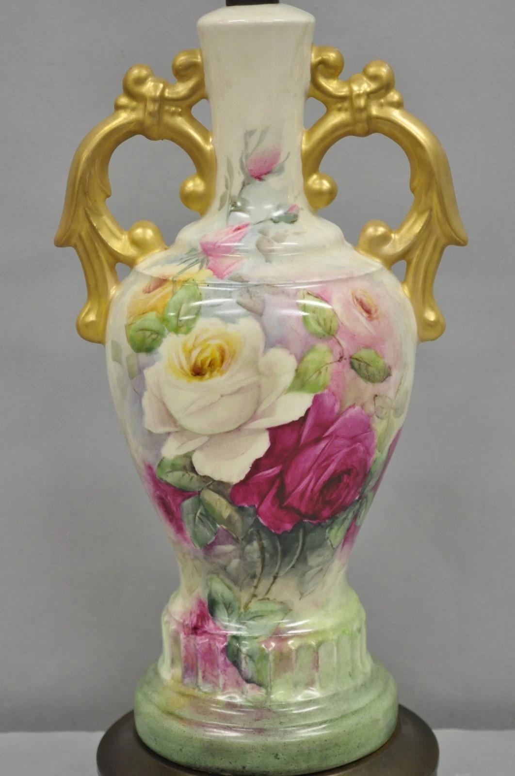 Sconosciuto Antique Victorian French Porcelain Hand Painted Flower Vase Form Table Lamp in vendita
