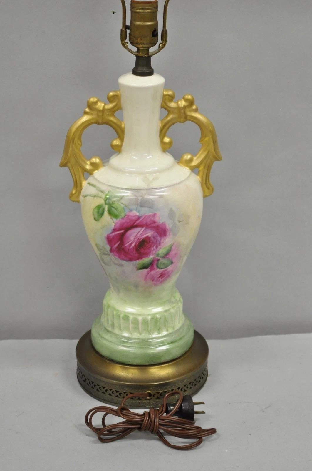 Antique Victorian French Porcelain Hand Painted Flower Vase Form Table Lamp in vendita 2