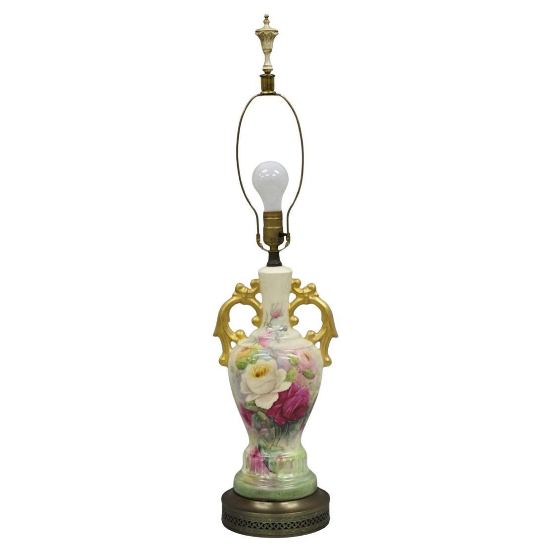 Antique Victorian French Porcelain Hand Painted Flower Vase Form Table Lamp