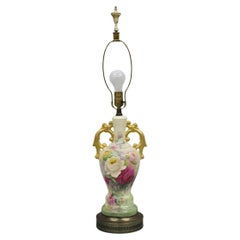 Antique Victorian French Porcelain Hand Painted Flower Vase Form Table Lamp