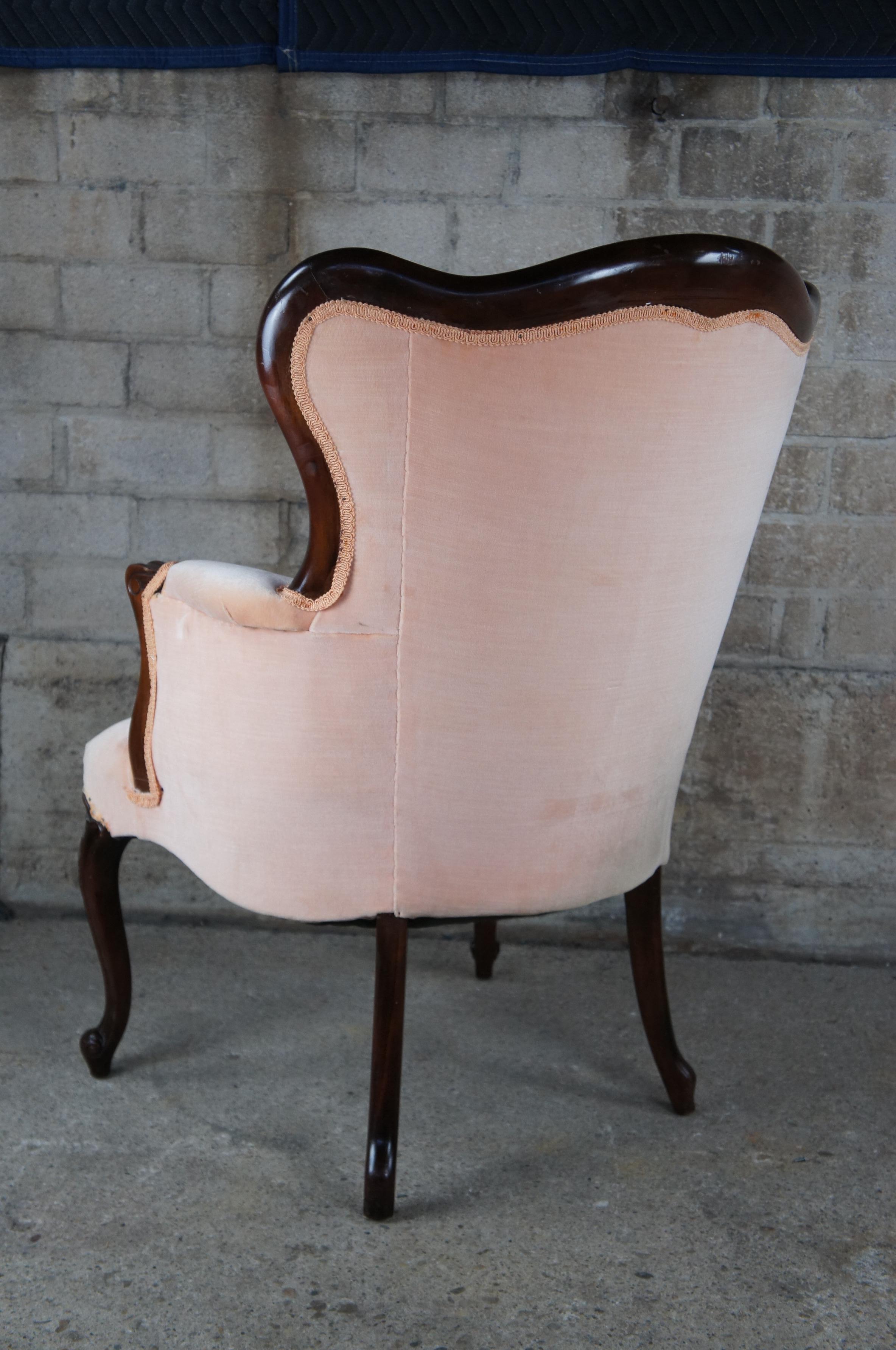 Antique Victorian French Provincial Serpentine Mahogany Wingback Arm Chair Pink 3