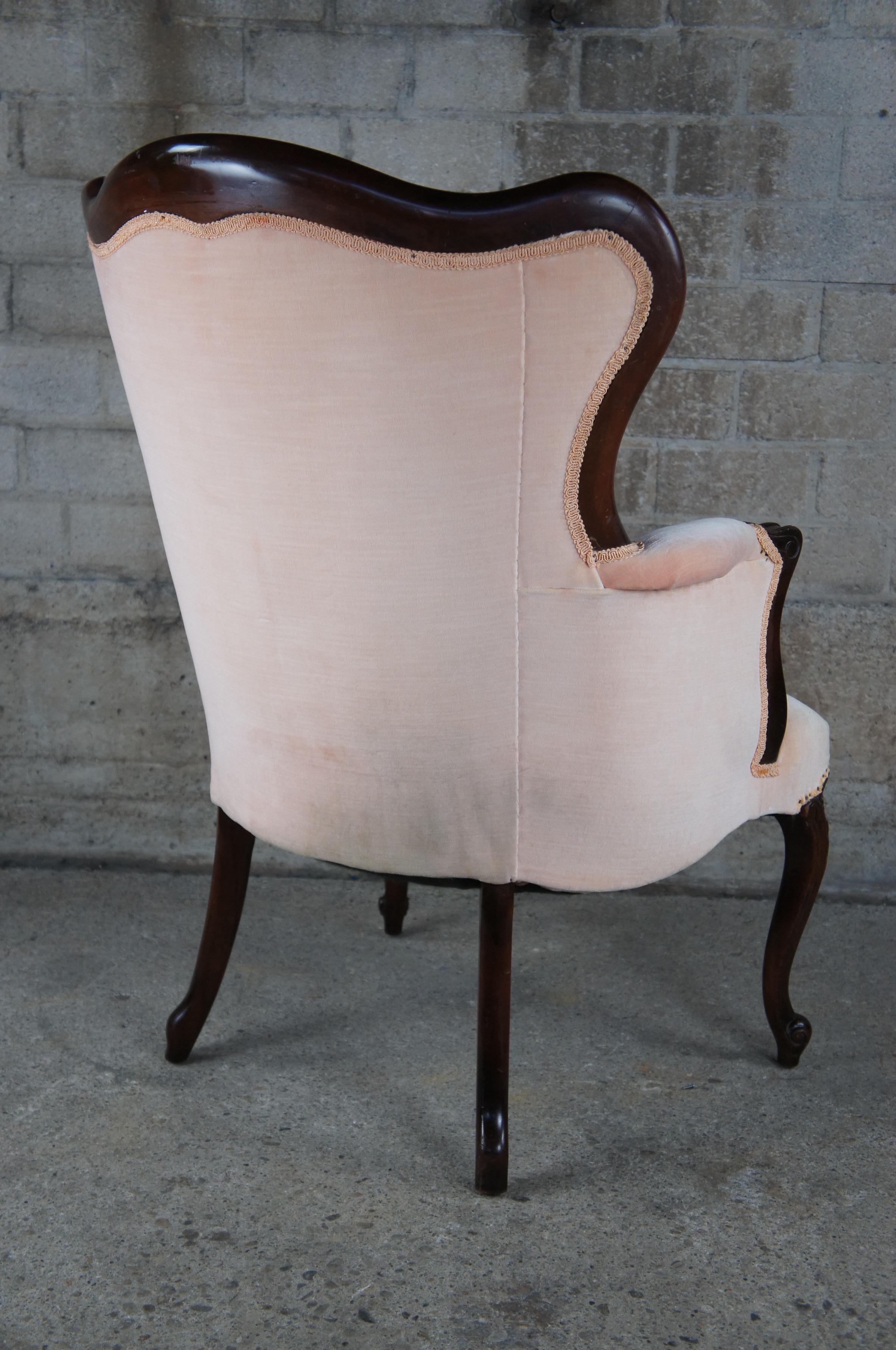 Antique Victorian French Provincial Serpentine Mahogany Wingback Arm Chair Pink 4