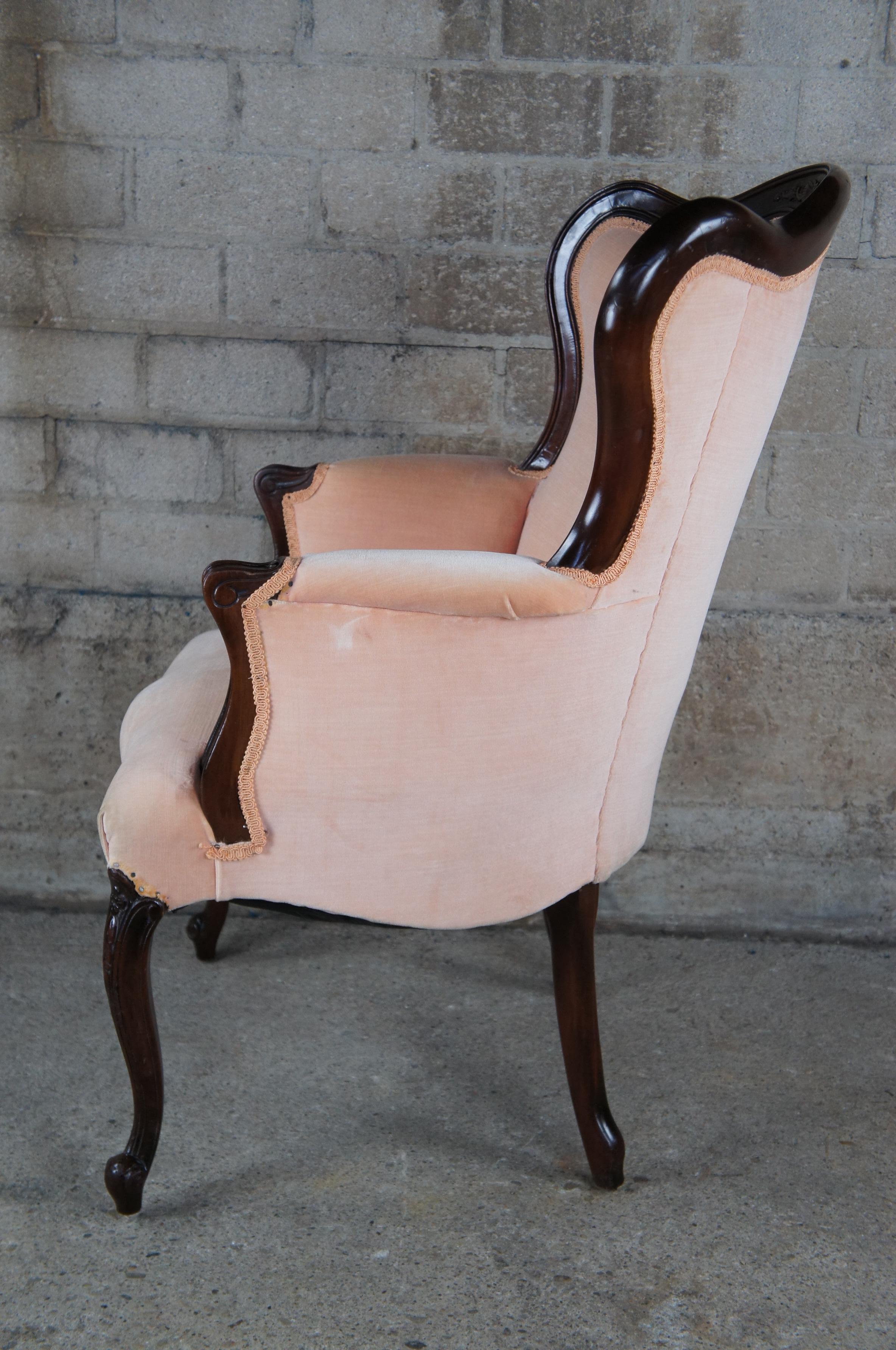 Antique Victorian French Provincial Serpentine Mahogany Wingback Arm Chair Pink 2