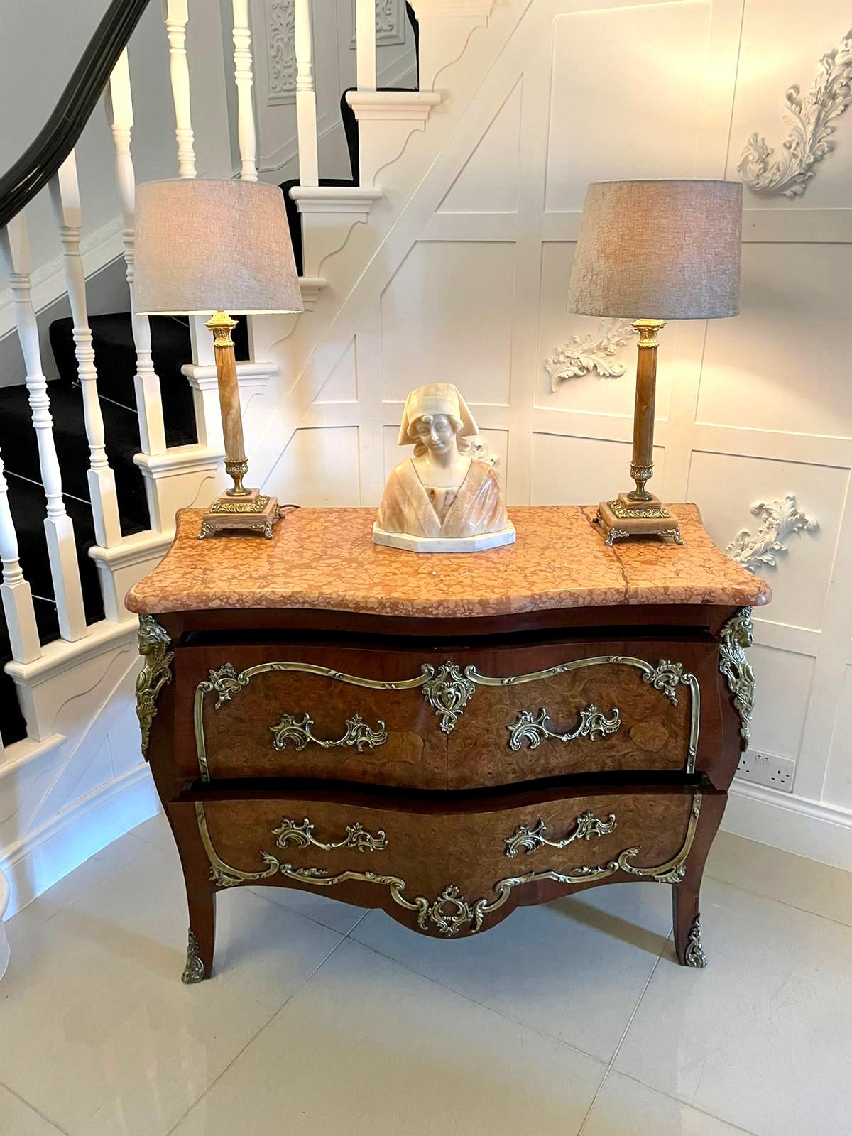 Antique Victorian French quality burr walnut marble top ormolu mounted commode/chest of drawers having a serpentine shaped coloured marble top above two long bombe shaped burr walnut drawers with ornate ormolu mounts and handles, burr walnut bombe