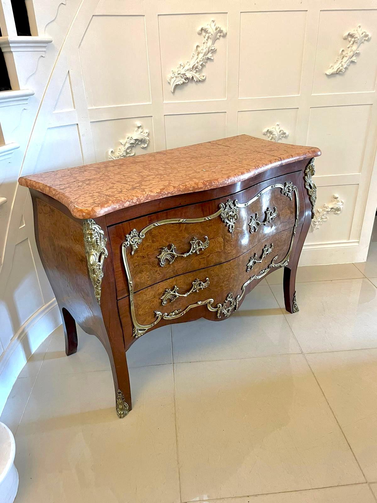 19th Century Antique Victorian French Quality Burr Walnut Marble Top Ormolu Mounted Commode For Sale
