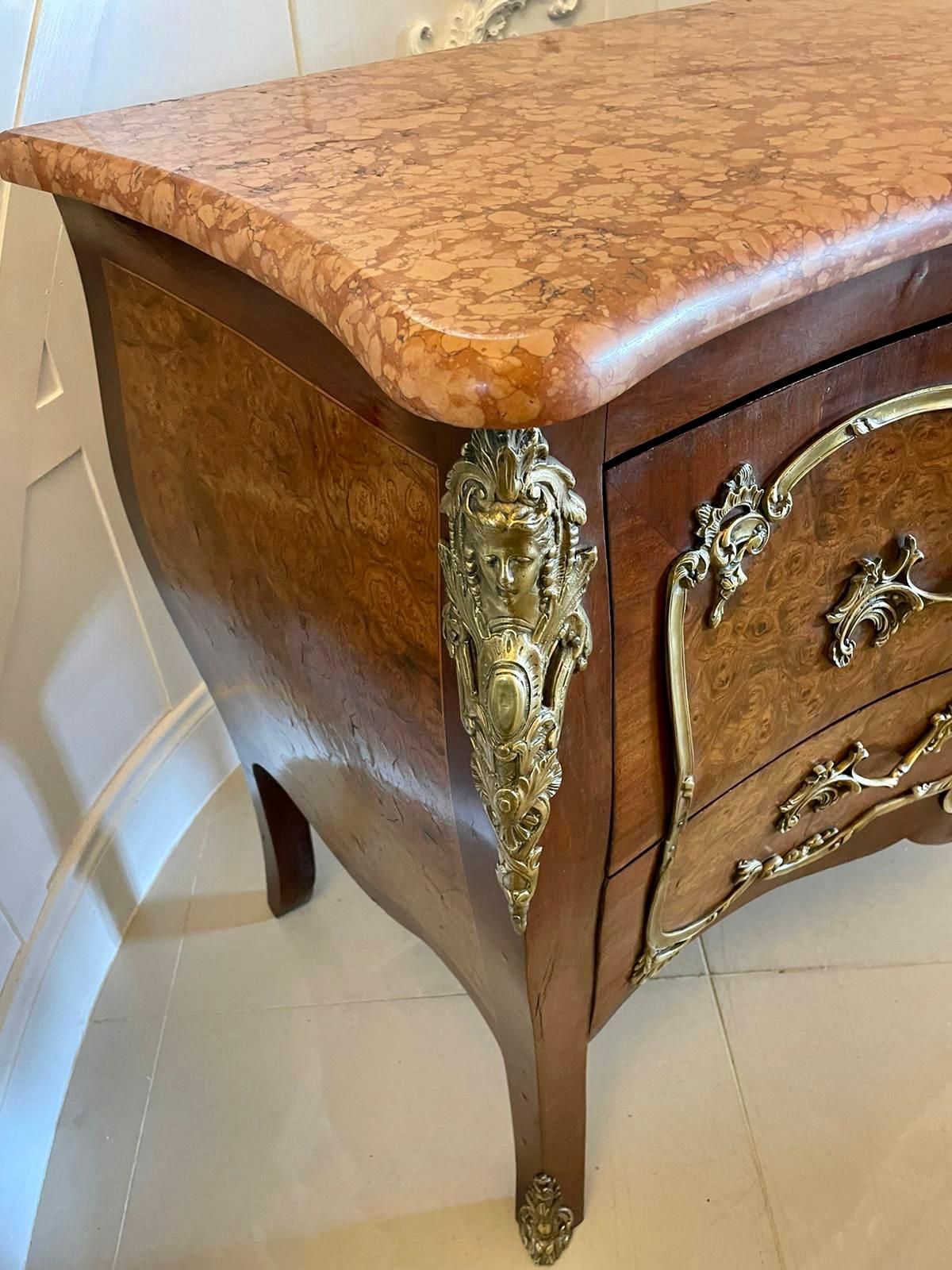 Antique Victorian French Quality Burr Walnut Marble Top Ormolu Mounted Commode For Sale 4