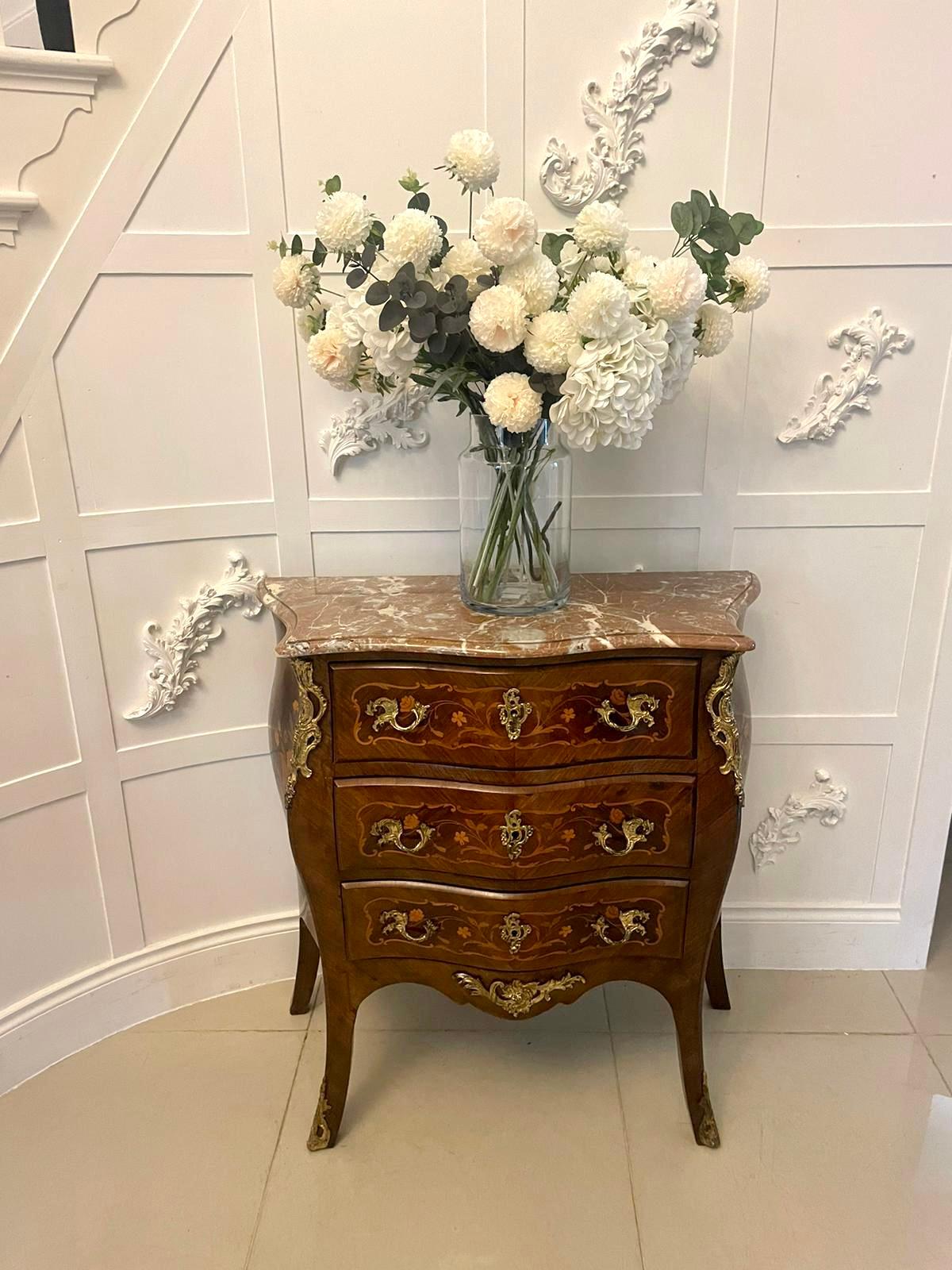 Antique Victorian French quality kingwood inlaid marquetry marble top commode/chest of drawers 
having a serpentine shaped marble top with a moulded edge above three serpentine shaped drawers with quality marquetry inlay, original ornate gilded