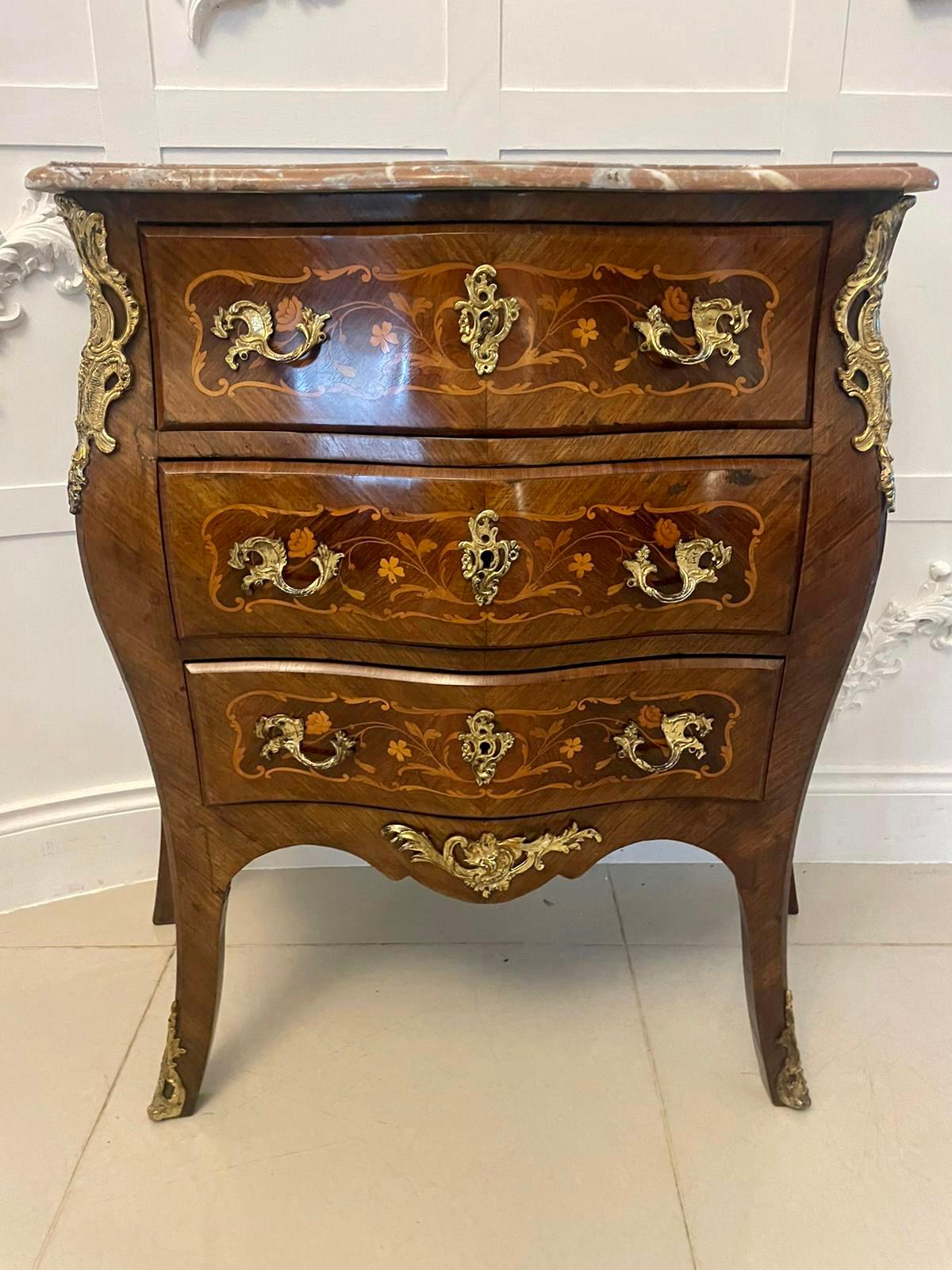 Inlay Antique Victorian French Quality Kingwood Inlaid Marquetry Marble Top Commode For Sale