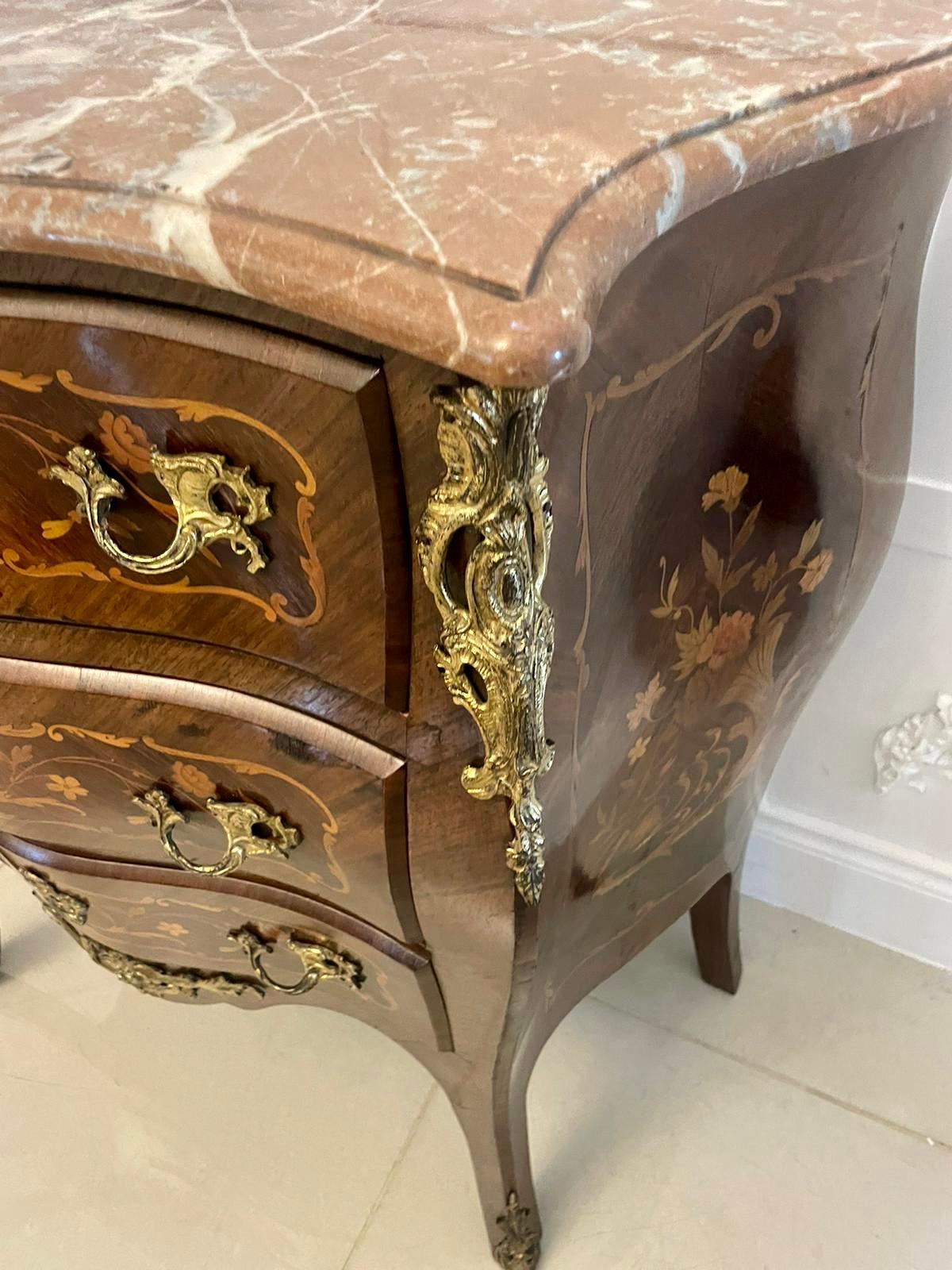 19th Century Antique Victorian French Quality Kingwood Inlaid Marquetry Marble Top Commode For Sale