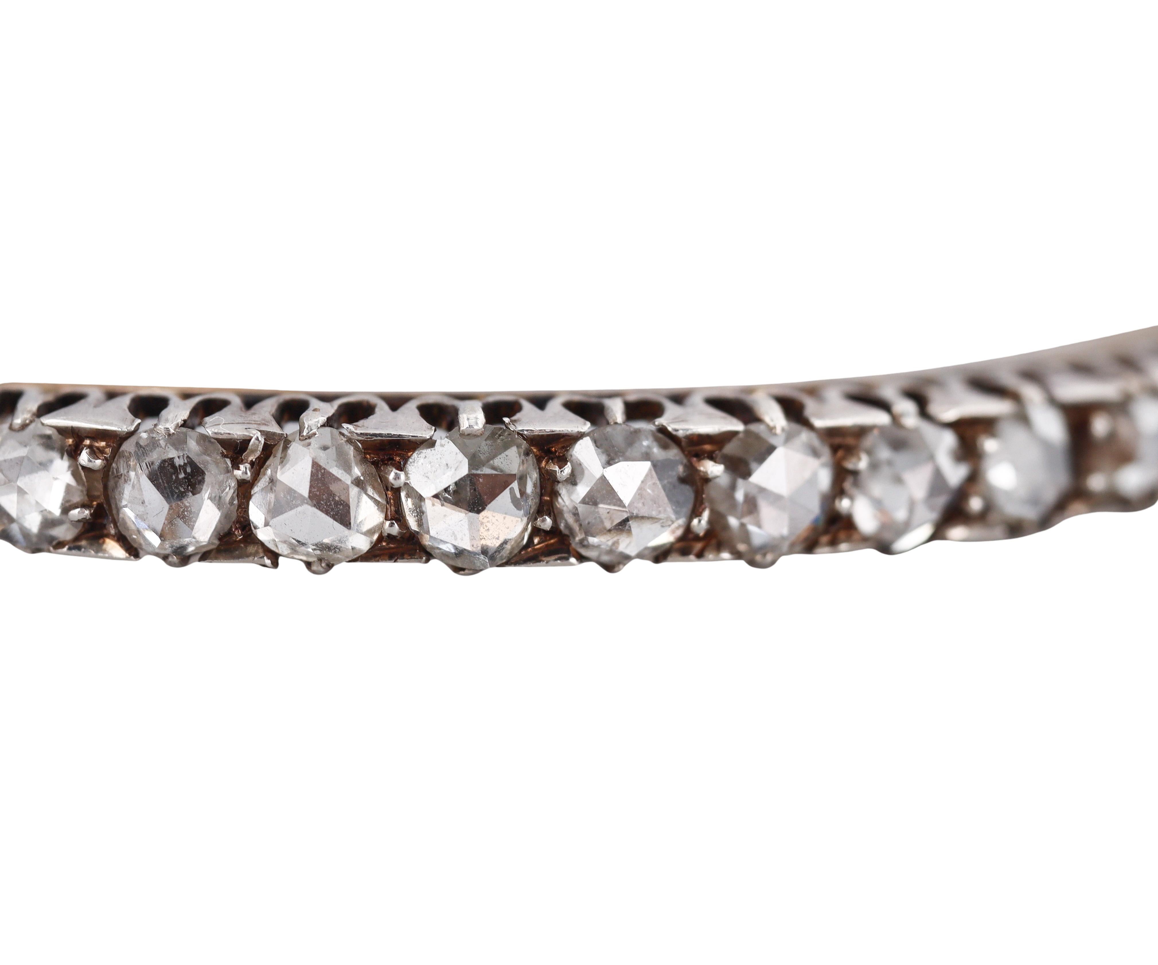 Antique Victorian French Rose Cut Diamond Gold Silver Bangle Bracelet In Excellent Condition For Sale In New York, NY