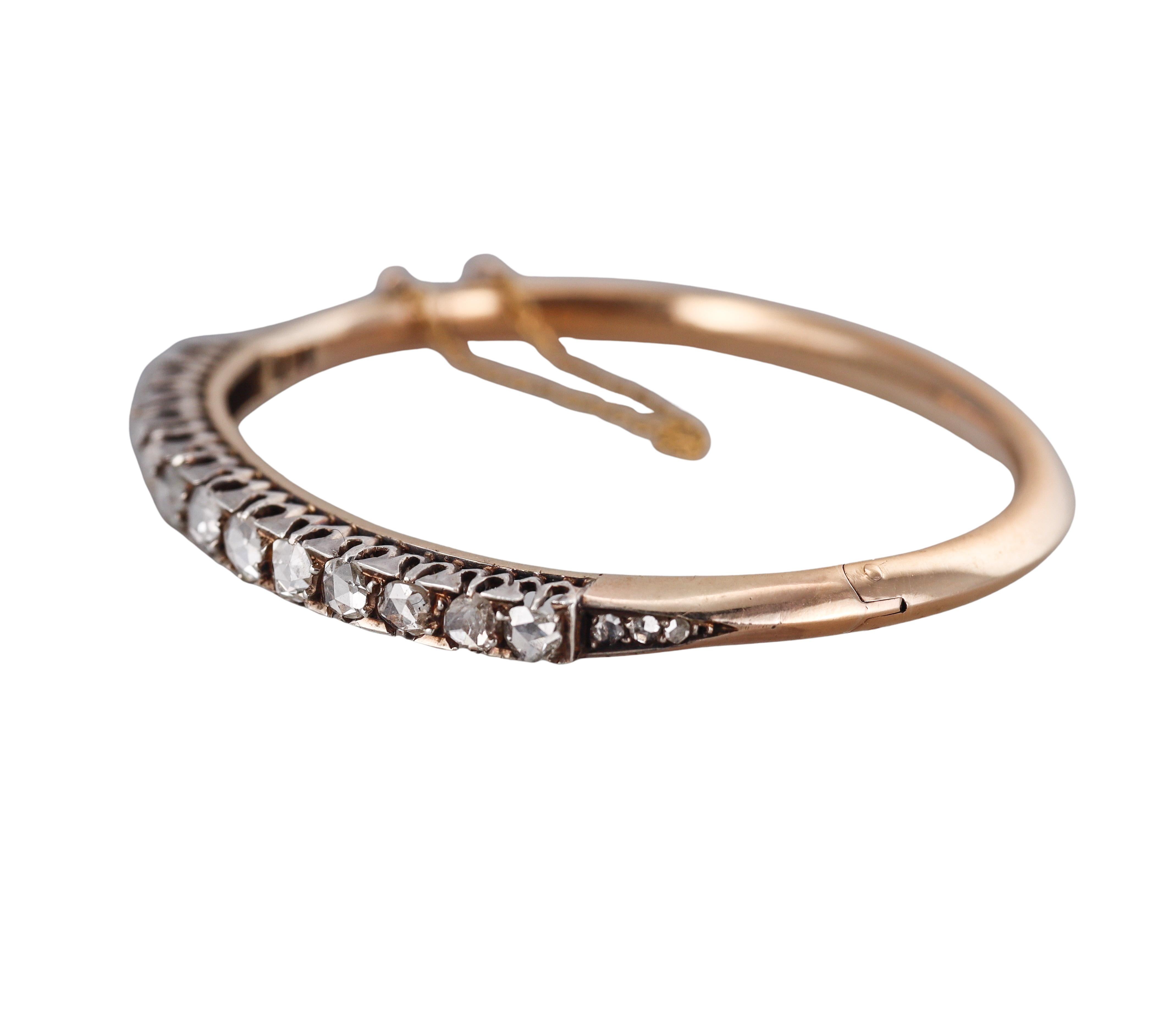 Women's Antique Victorian French Rose Cut Diamond Gold Silver Bangle Bracelet For Sale