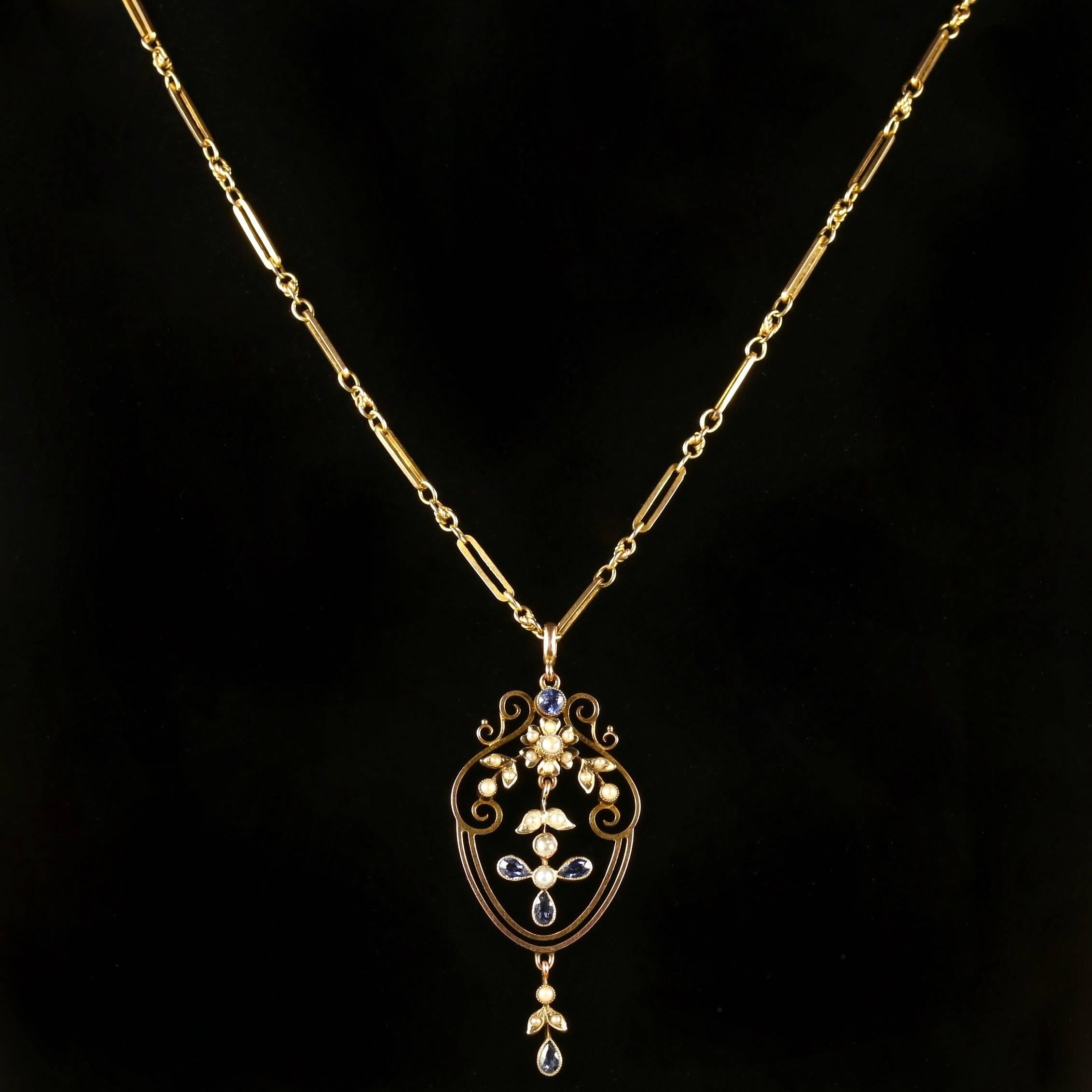 This outstanding Victorian 9ct Yellow Gold French pendant necklace which is truly beautiful, Circa 1880.

This pendant is adorned with lustrous Pearls and Sapphires in a floral style gallery.

Pearls are organically created over many years and have