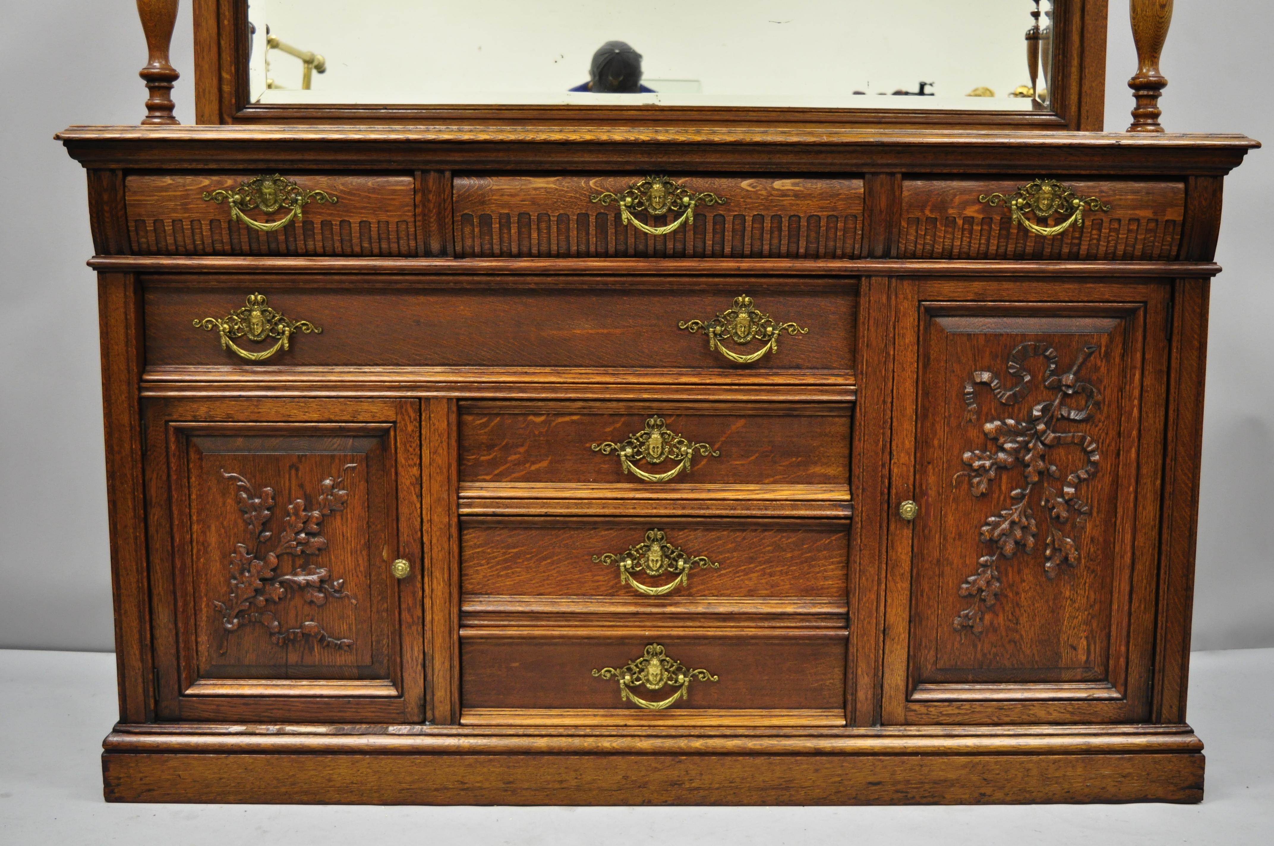 American Antique Victorian French Style Carved Oak Sideboard Buffet Hutch Mirror Back