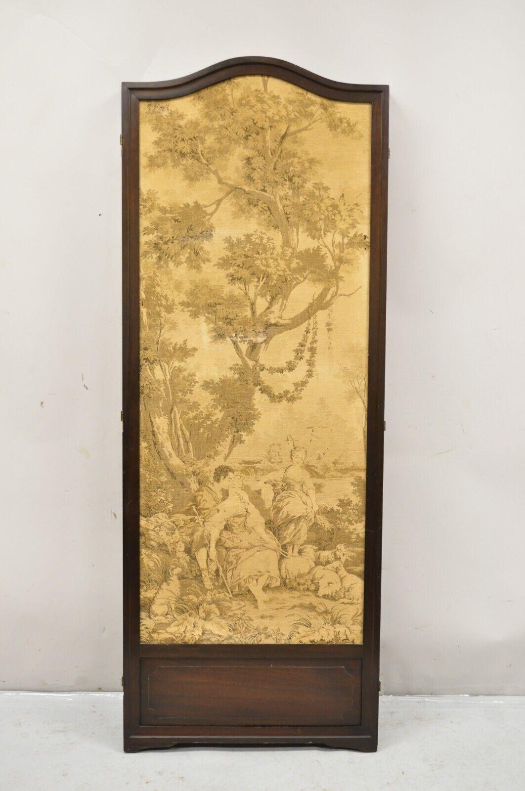 Antique Victorian French Tapestry Mahogany Frame 3 Panel Screen Room Divider. Item features figural tapestry with courting scenes, solid mahogany wood frames, very nice antique item. Circa Early 20th Century.
Measurements: 
68.5