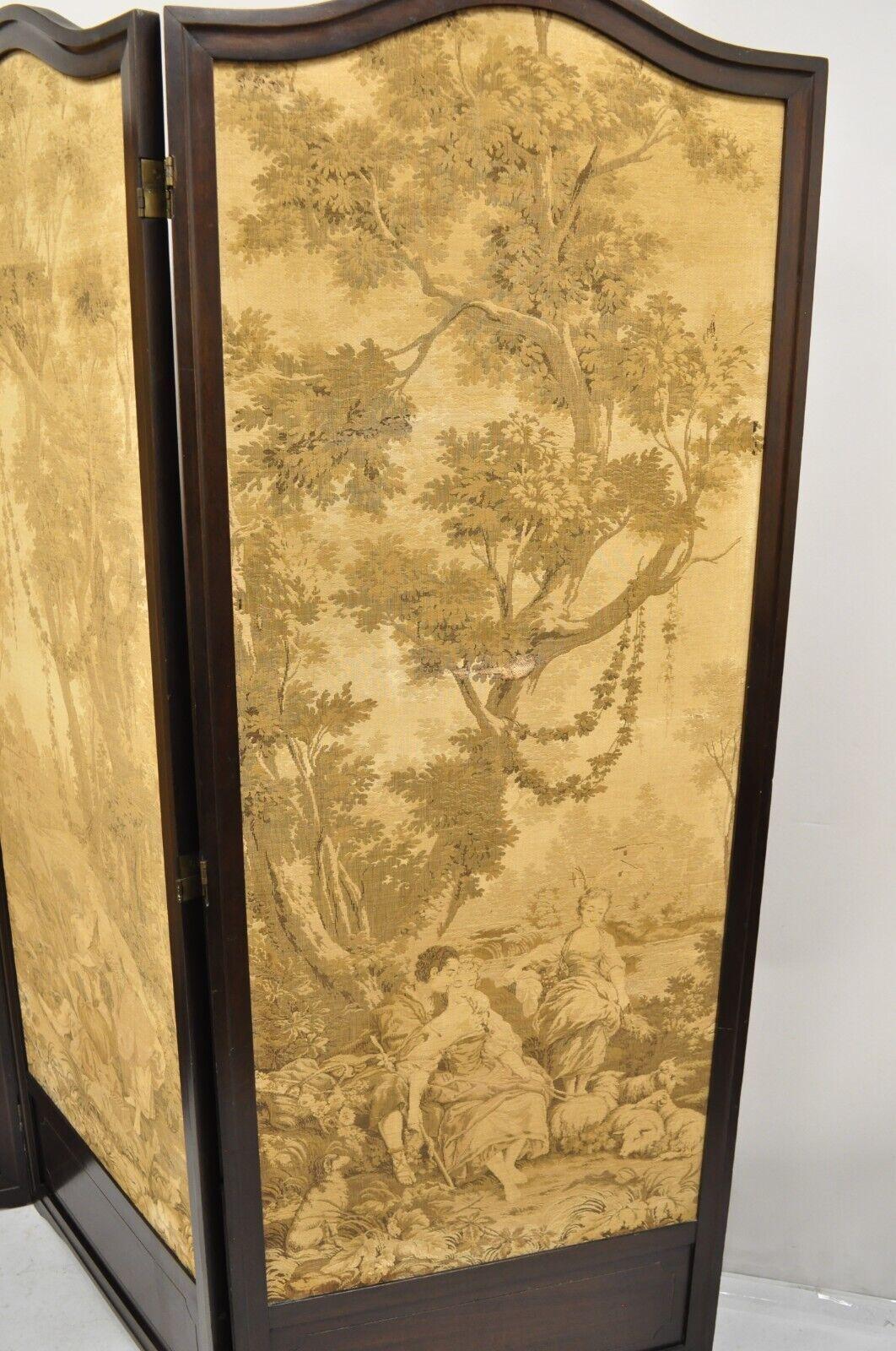 Antique Victorien French Tapestry Mahogany Frame 3 Panel Screen Room Divider (Séparateur de pièce) Bon état - En vente à Philadelphia, PA
