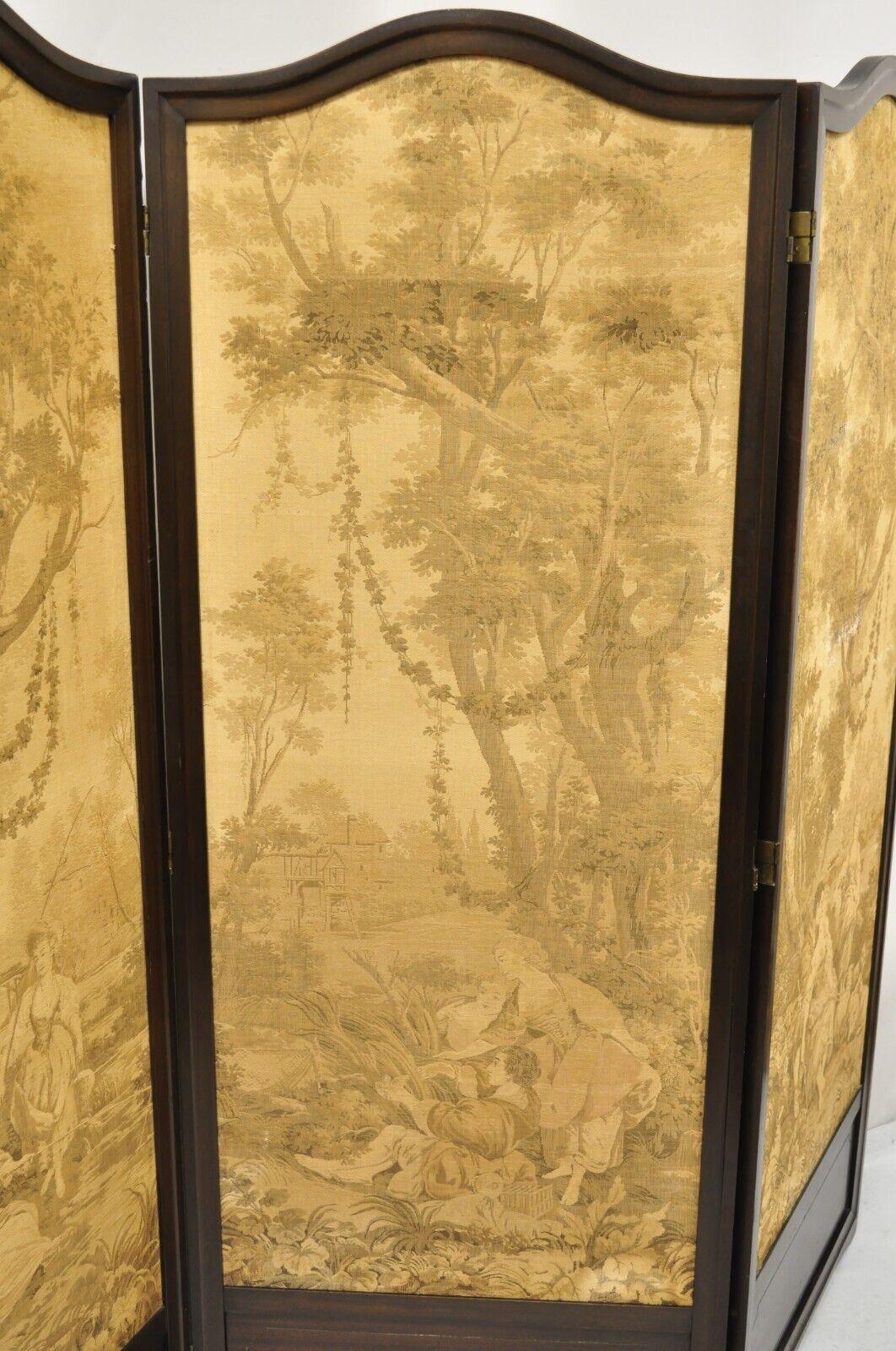 Tapisserie Antique Victorien French Tapestry Mahogany Frame 3 Panel Screen Room Divider (Séparateur de pièce) en vente