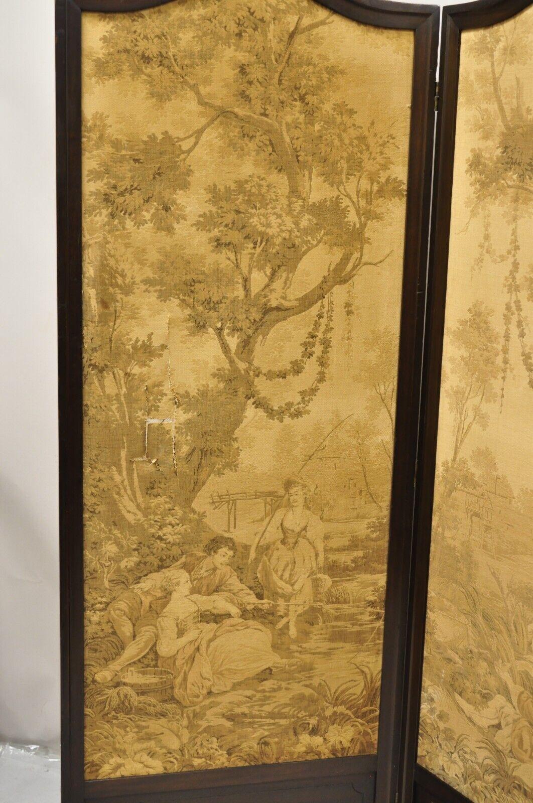 Antique Victorian French Tapestry Mahogany Frame 3 Panel Screen Room Divider In Good Condition For Sale In Philadelphia, PA