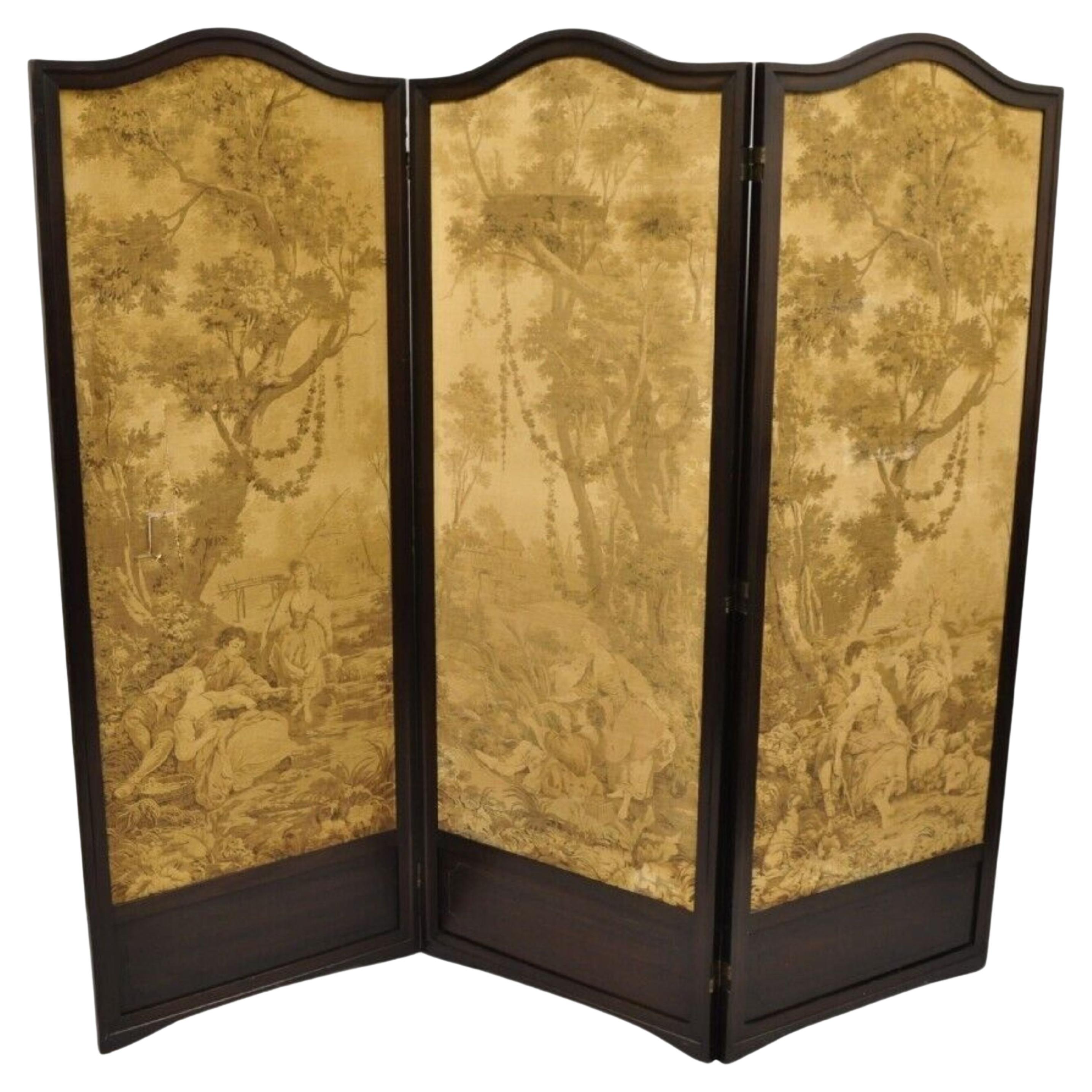 Antique Victorian French Tapestry Mahogany Frame 3 Panel Screen Room Divider For Sale