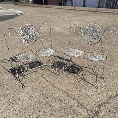 Antique Victorian French Wrought Iron Small Garden Patio Bench Plant Seat, Pair