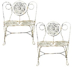 Antique Victorian French Wrought Iron Small Garden Patio Bench Plant Seat, Pair