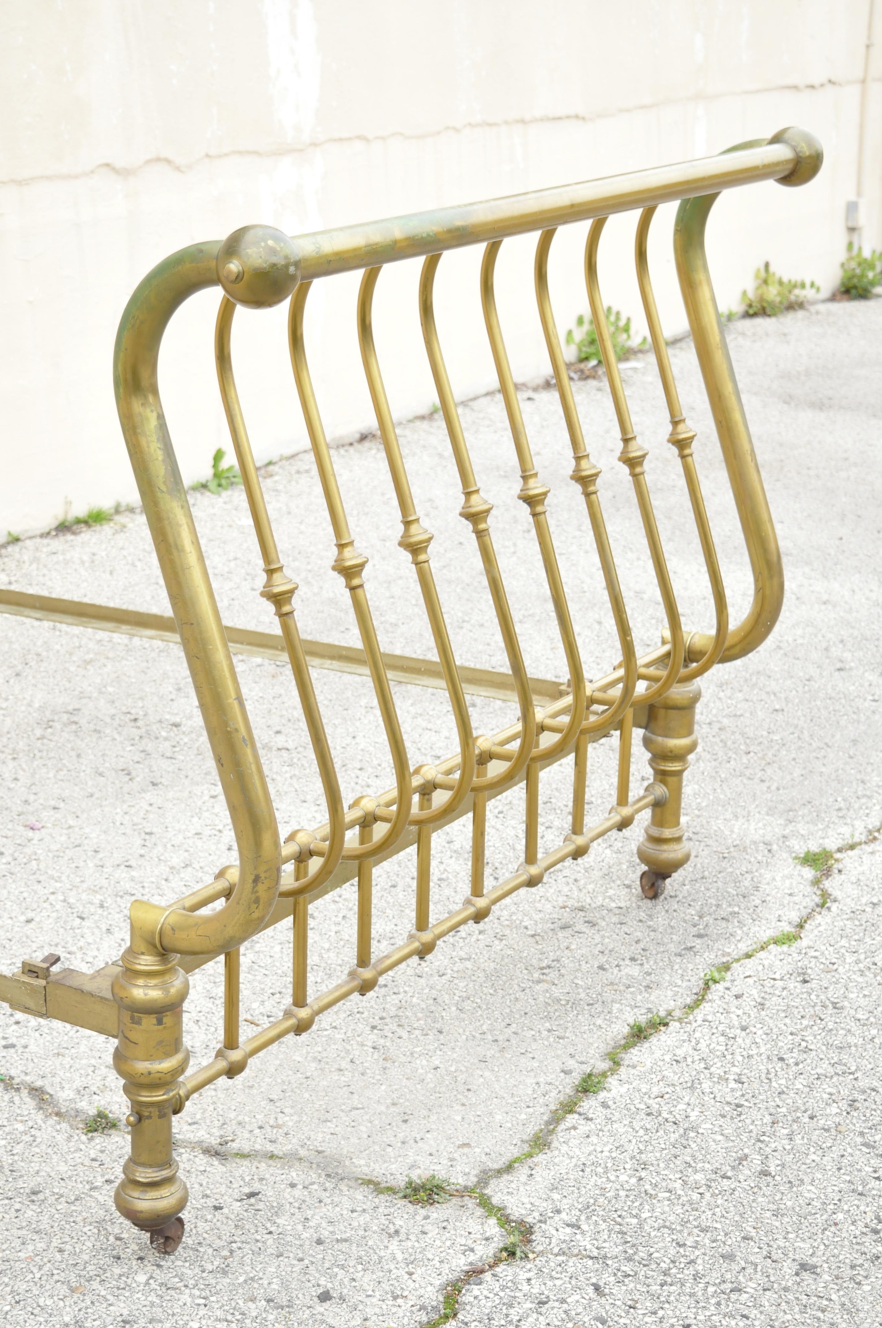 North American Antique Victorian Full Size Gold Brass Sleigh Bed w Cast Iron Rails, Marked 1908