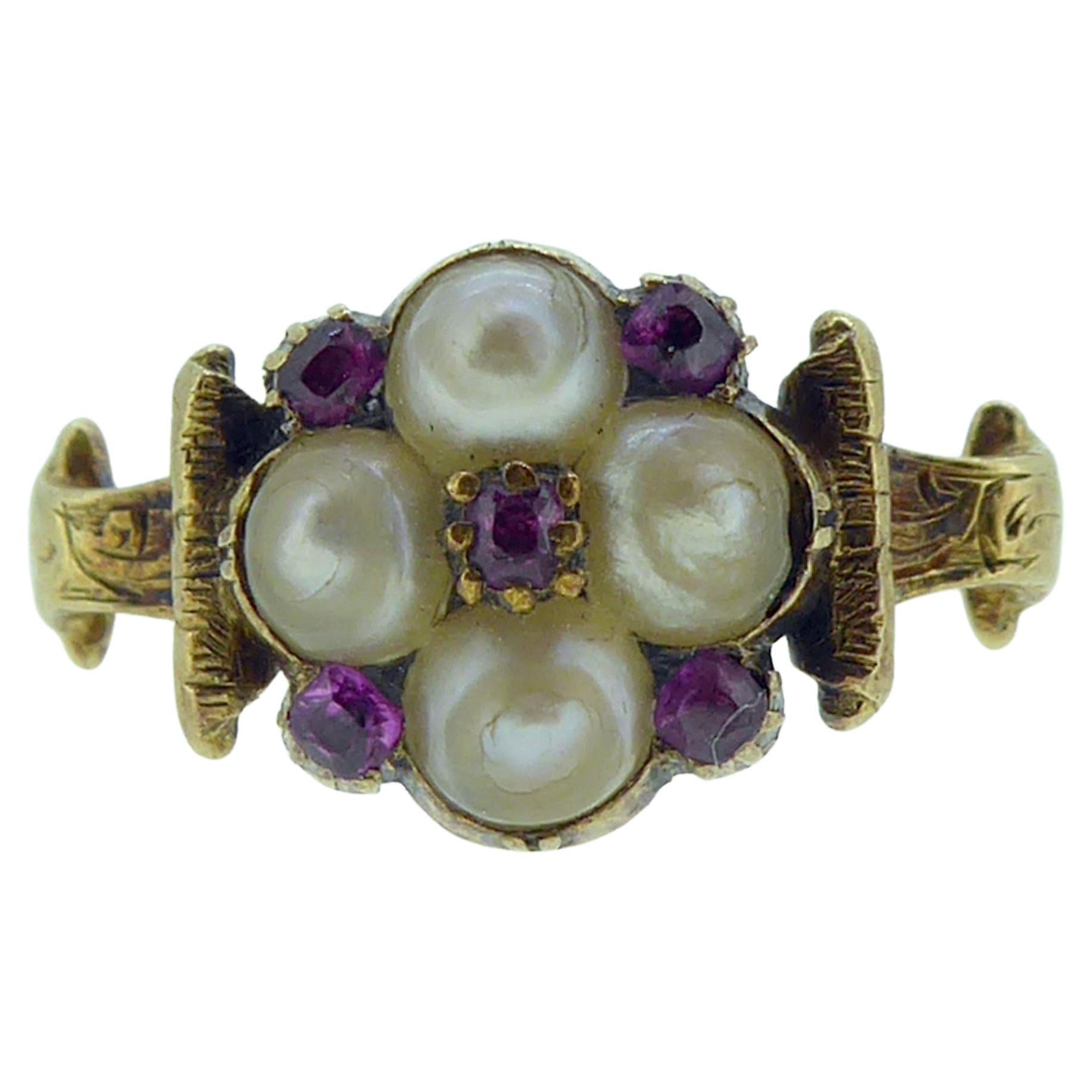 Antique Victorian Garnet and Pearl Cluster Ring, Circa 1890s