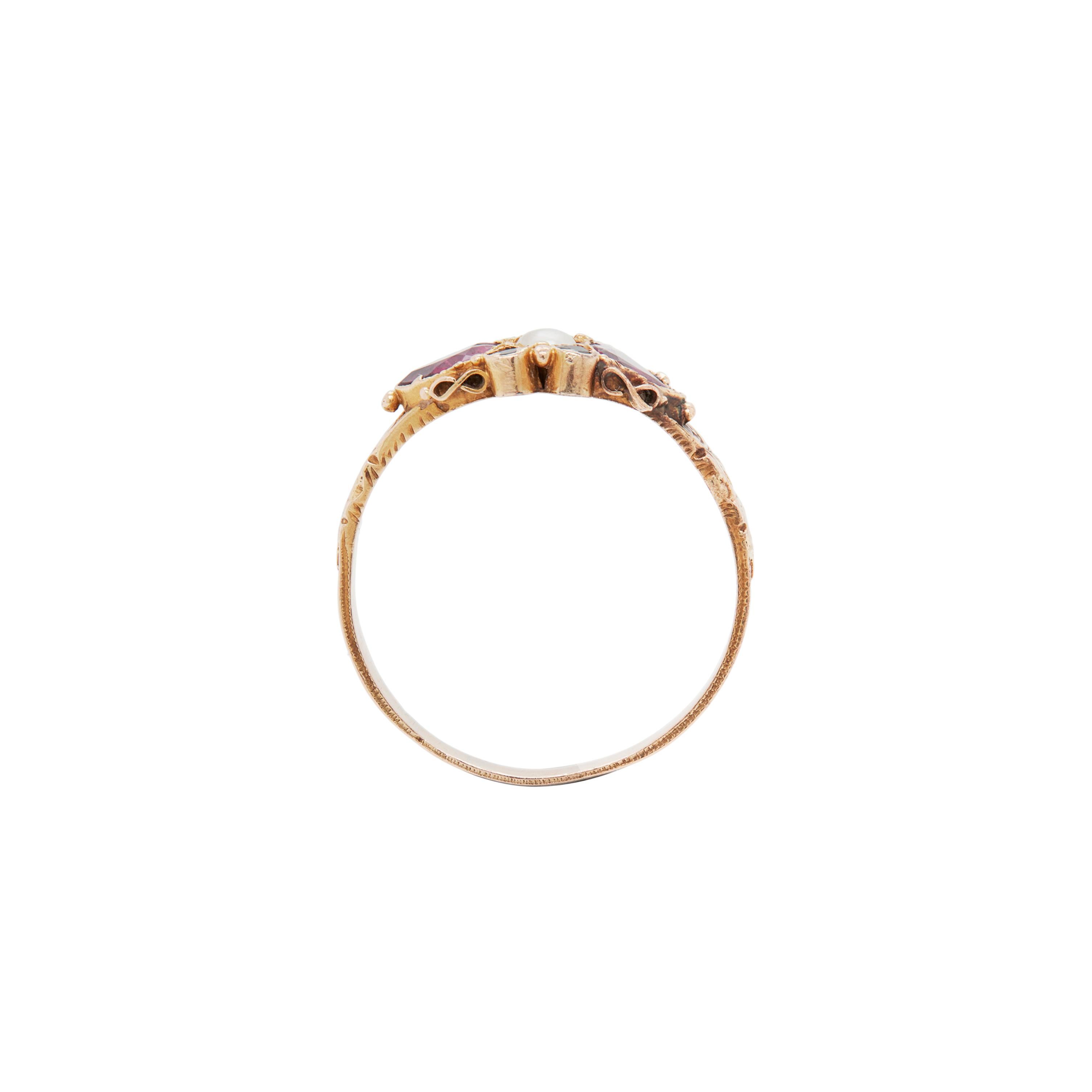 Early Victorian Antique  Victorian Garnet and Seed Pearl 15ct Yellow Gold Engraved Dress Ring For Sale