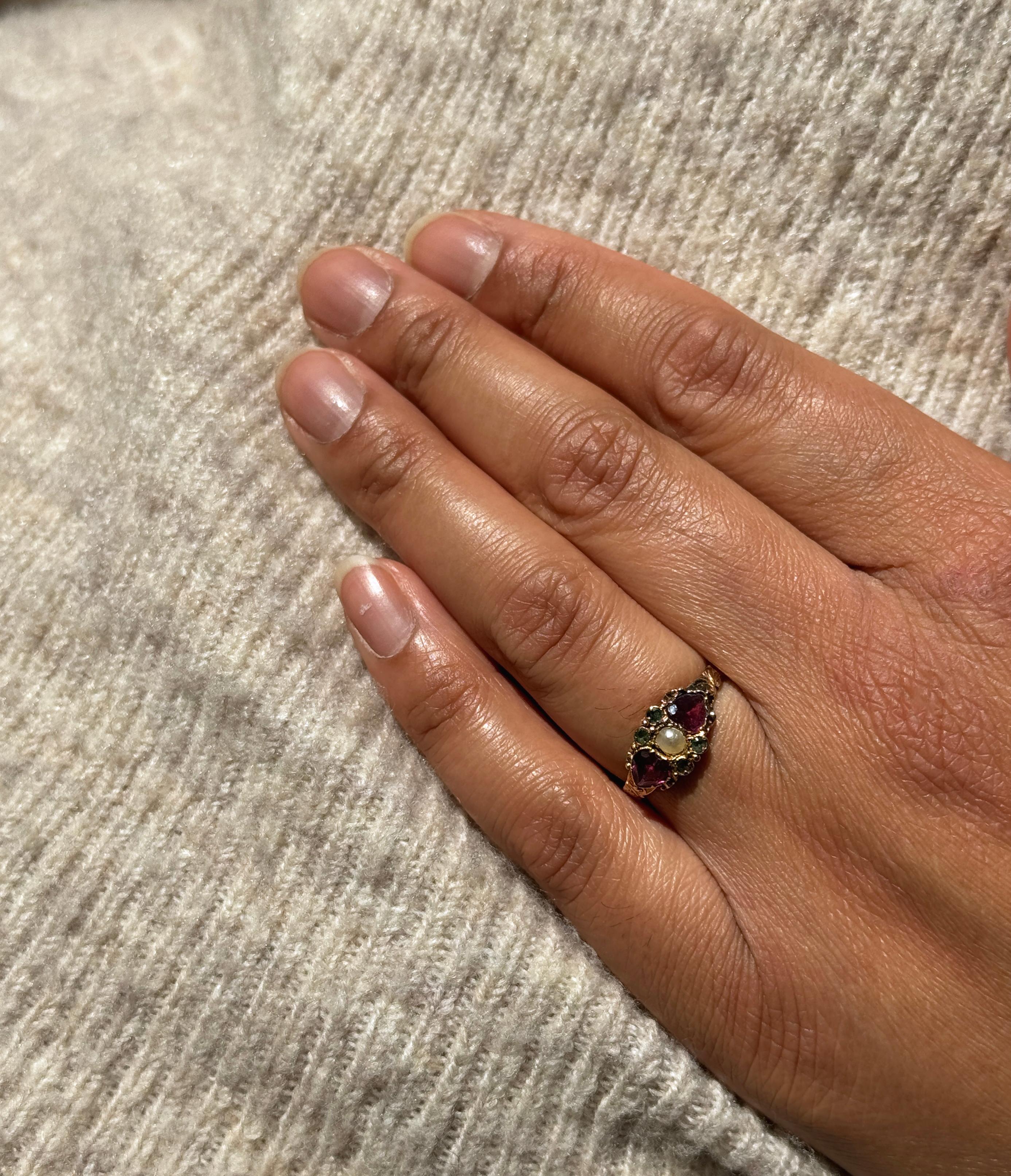 Heart Cut Antique  Victorian Garnet and Seed Pearl 15ct Yellow Gold Engraved Dress Ring For Sale