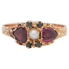 Antique  Victorian Garnet and Seed Pearl 15ct Yellow Gold Engraved Dress Ring