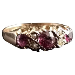 Antique Victorian Garnet and Seed Pearl Ring, 9 Karat Gold