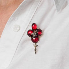 Antique Victorian Garnet Cabochon & Diamond Brooch/Pendant 14K Gold - c.1880