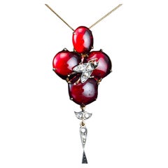 Antique Victorian Garnet Cabochon & Diamond Brooch/Pendant 14K Gold - c.1880