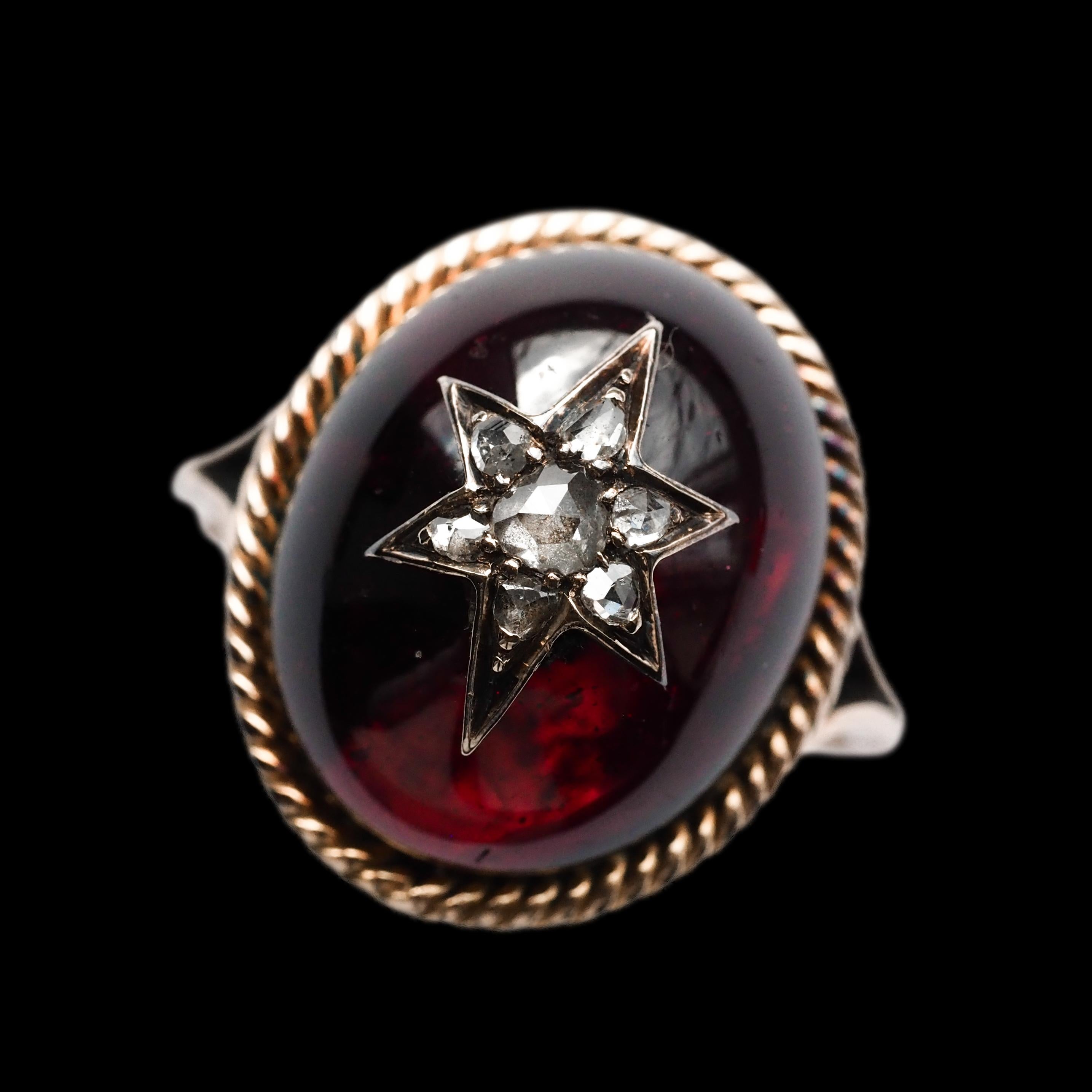 Antique Victorian Garnet & Diamond Cabochon & Star Rose Cut Gold Ring - c.1880 1