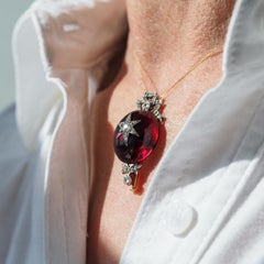 Antique Victorian Garnet & Diamond Star Cabochon Brooch/Pendant 14K Gold c.1870