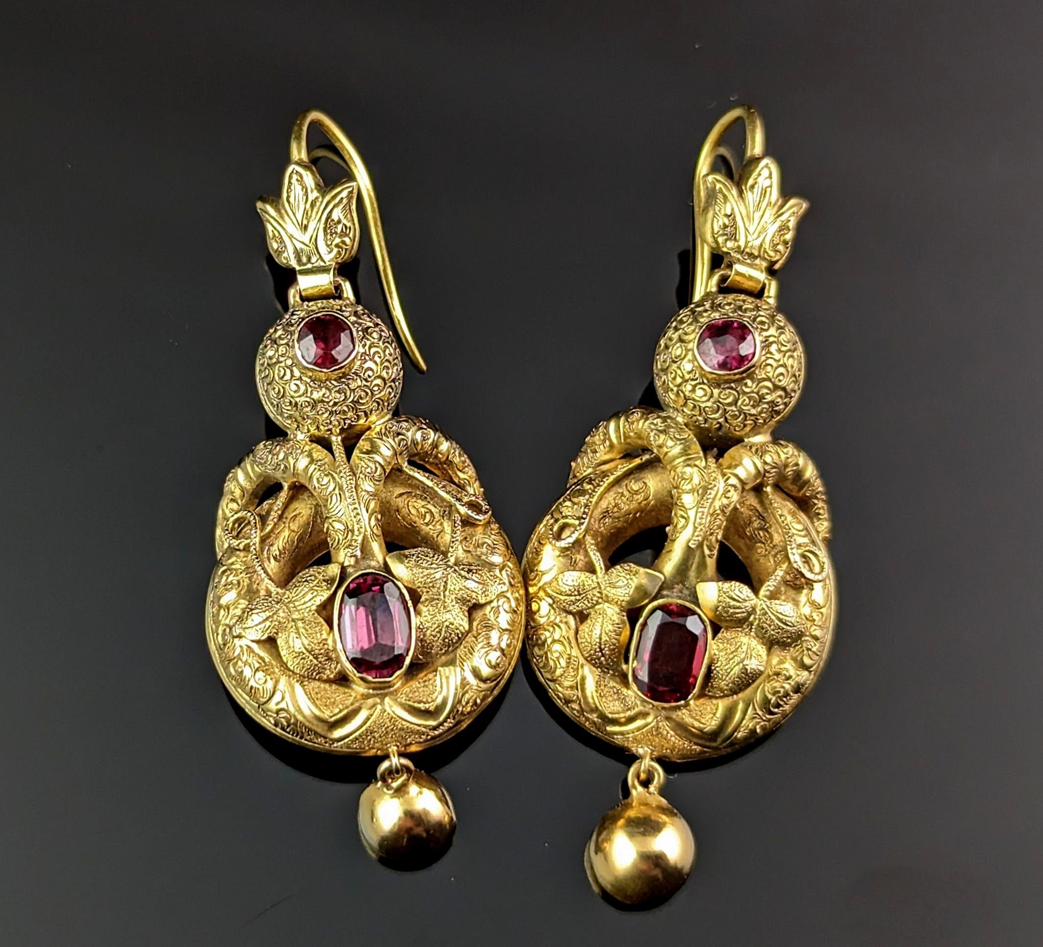 Oval Cut Antique Victorian Garnet Drop Earrings, 18 Carat Gold, Leaves and Vine For Sale