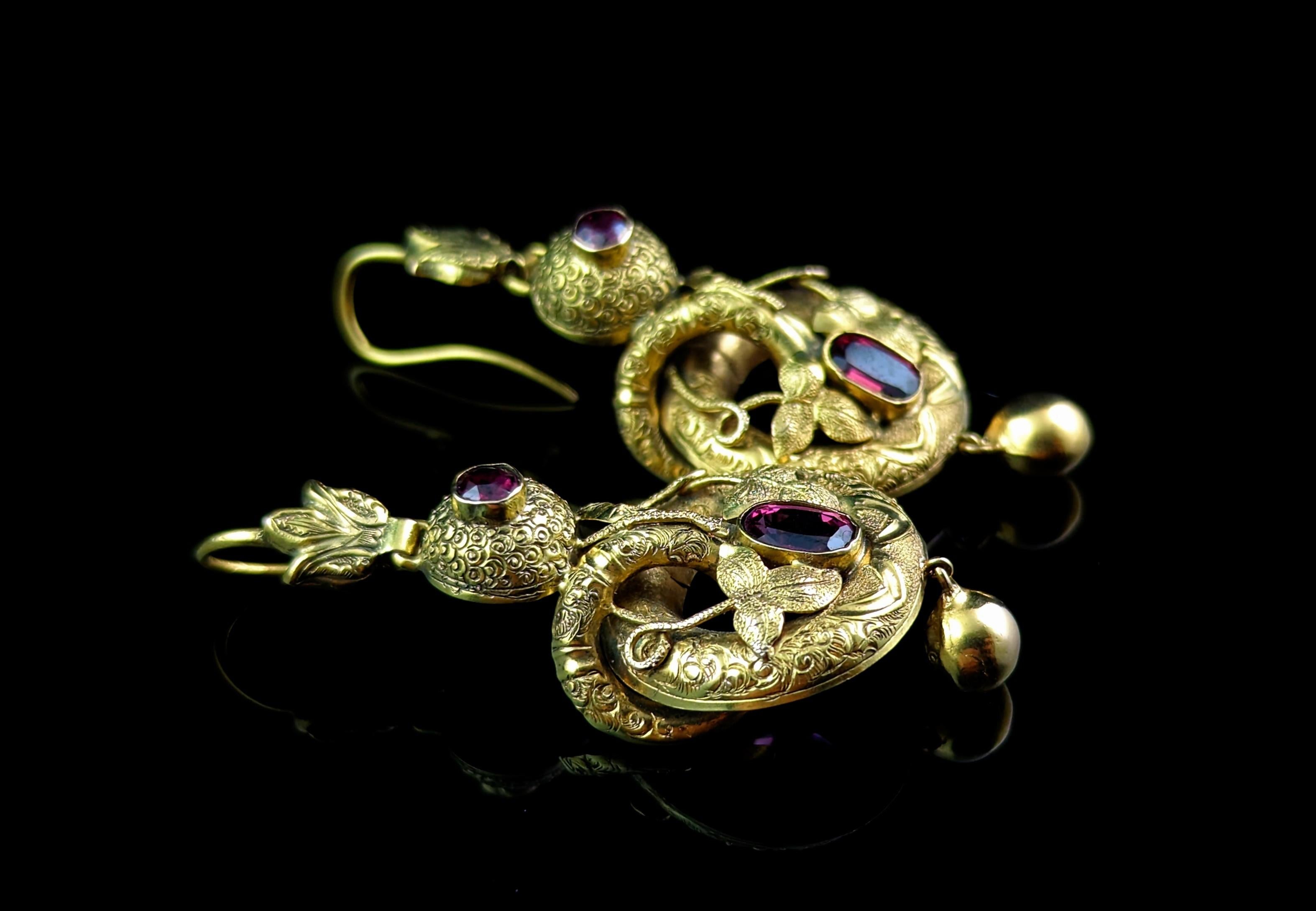 Women's or Men's Antique Victorian Garnet Drop Earrings, 18 Carat Gold, Leaves and Vine For Sale