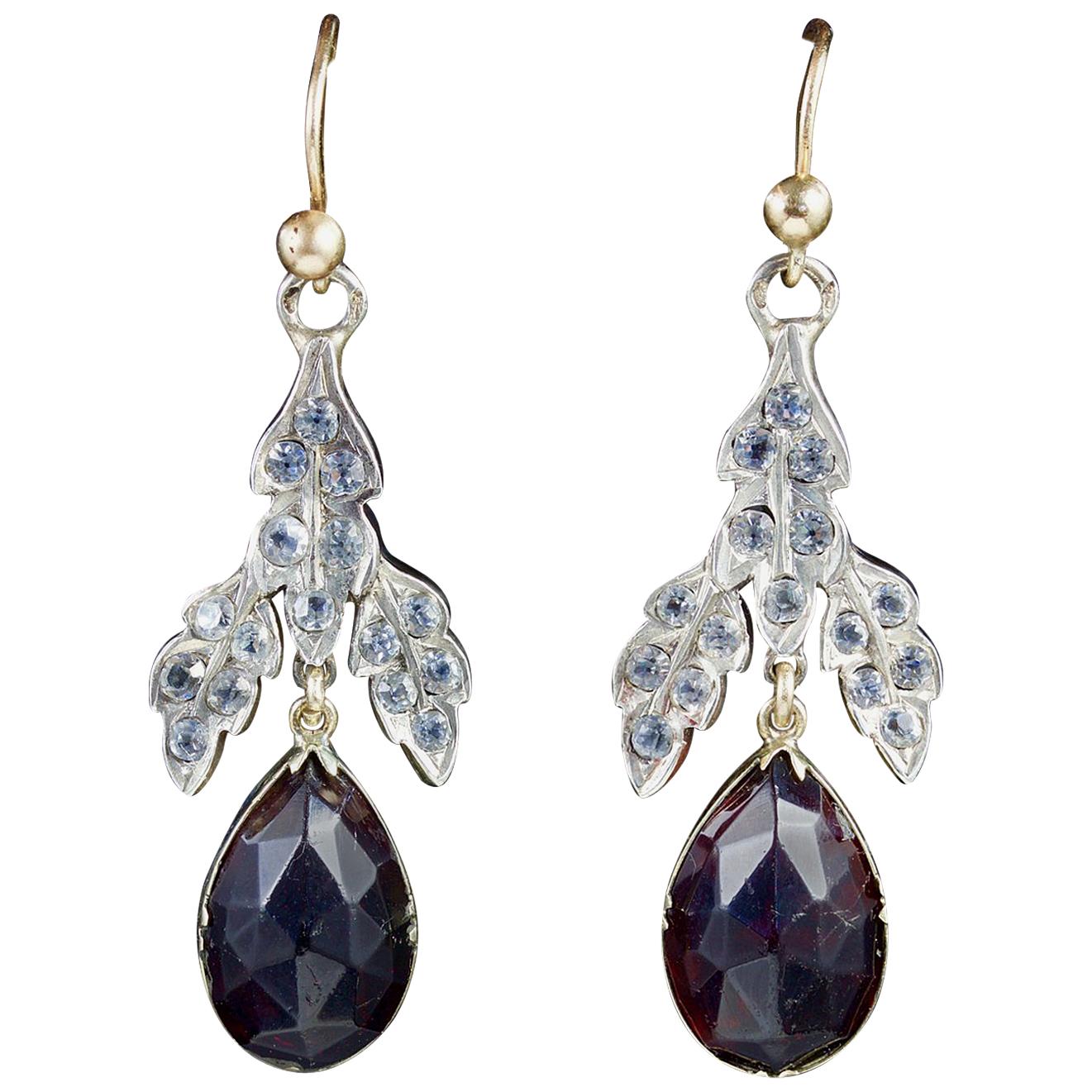 Antique Victorian Garnet Drop Earrings Gold Silver, circa 1880