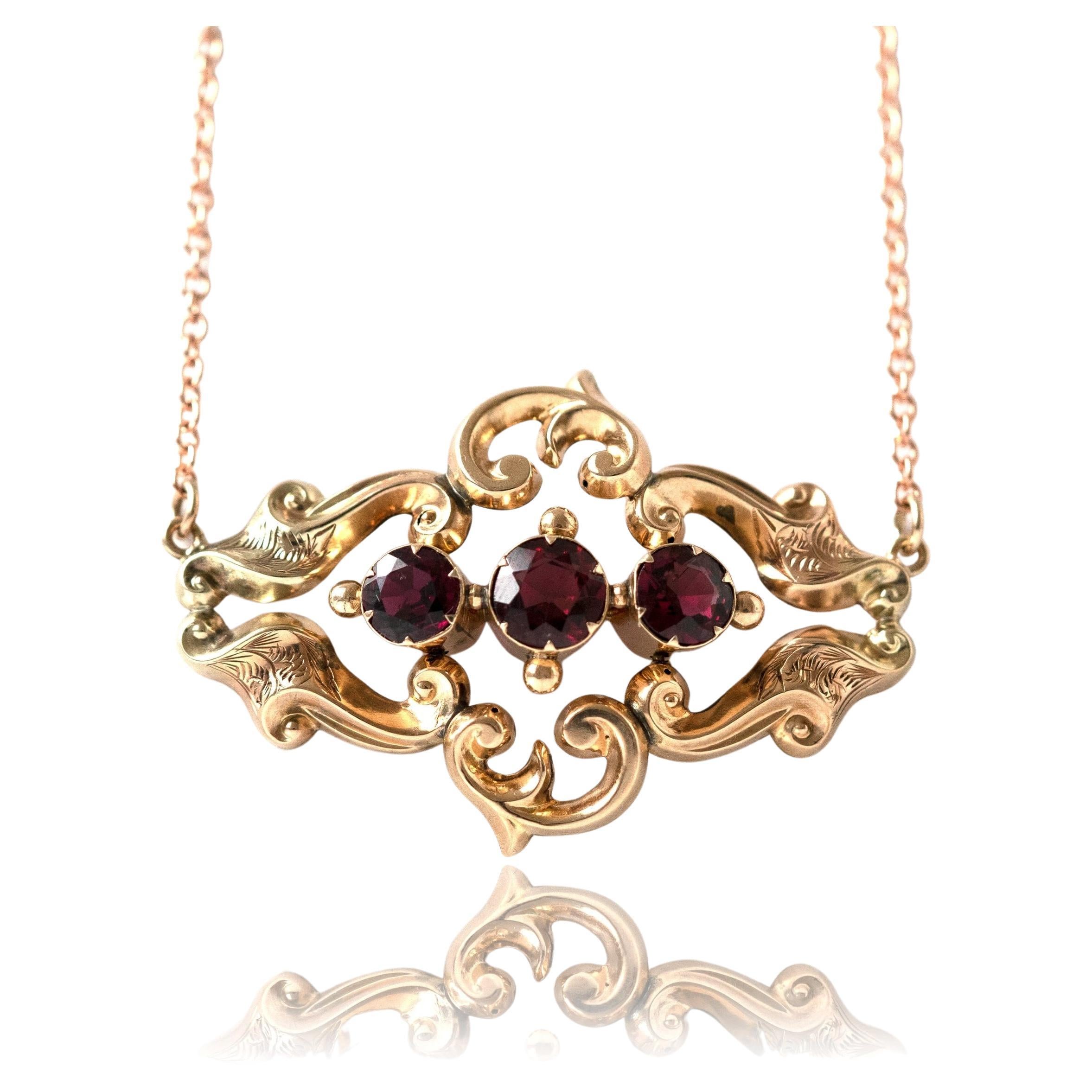 Antique Victorian Garnet Gold Ornate Necklace For Sale