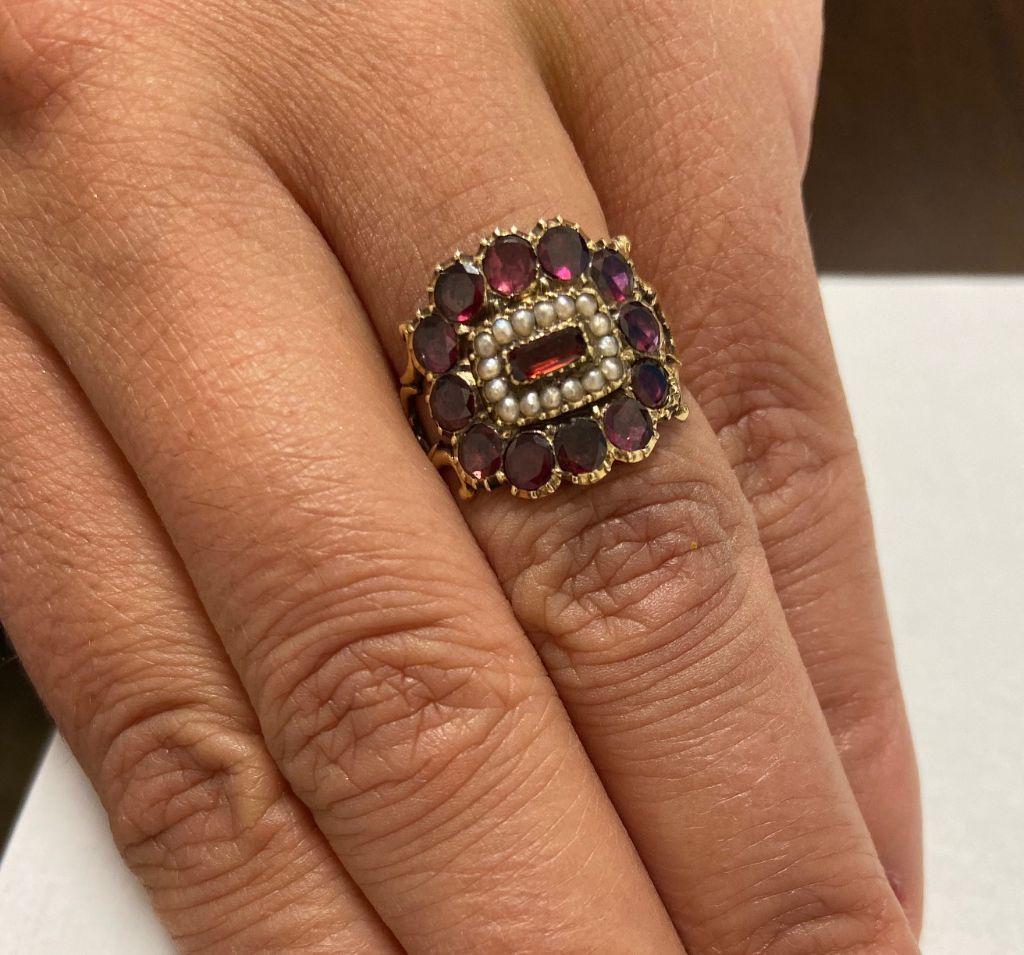 Women's or Men's Antique Victorian Garnet, Natural Pearl Ring
