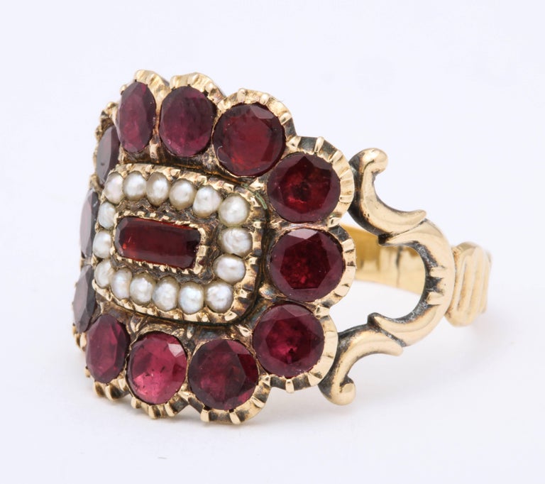 Early Victorian Antique Victorian Garnet, Natural Pearl Ring For Sale