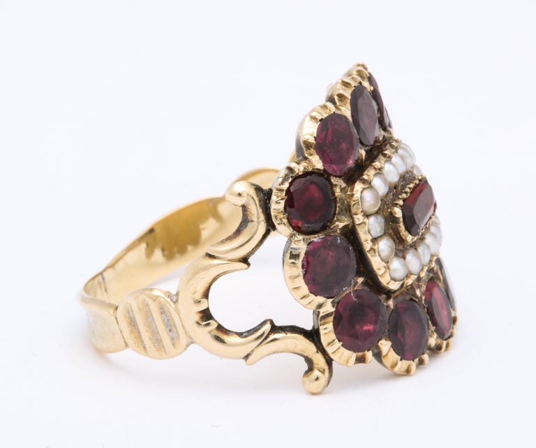 Round Cut Antique Victorian Garnet, Natural Pearl Ring For Sale