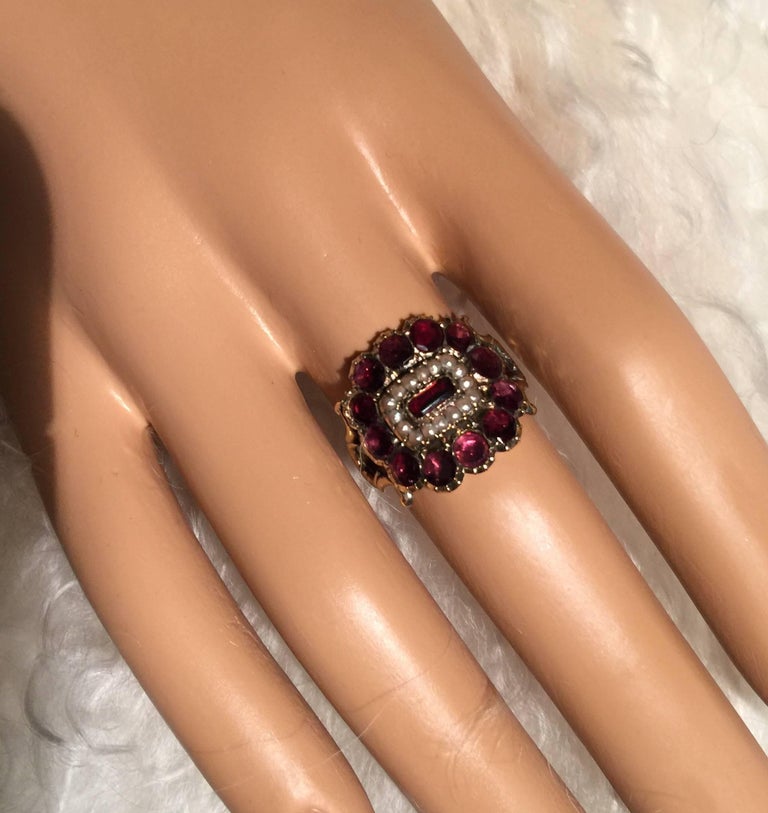 Women's or Men's Antique Victorian Garnet, Natural Pearl Ring For Sale
