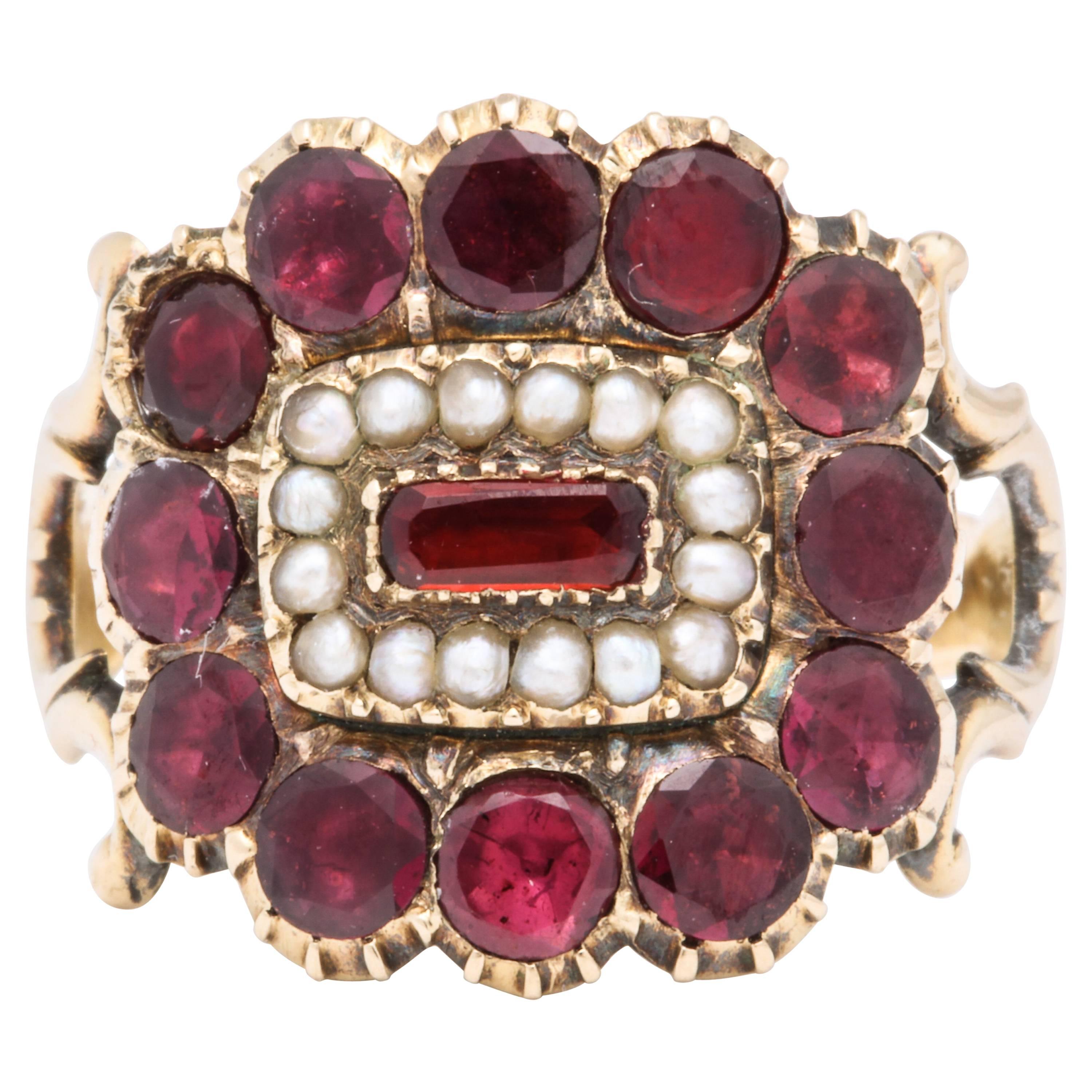 Antique Victorian Garnet, Natural Pearl Ring For Sale