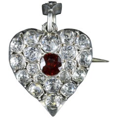 Antique Victorian Garnet Paste Brooch Pendant Silver Heart, circa 1900