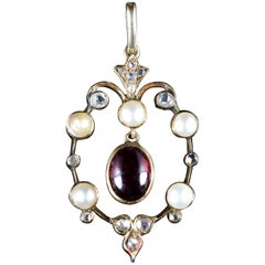 Antique Victorian Garnet Pearl Diamond Pendant 18 Carat Gold, circa 1900