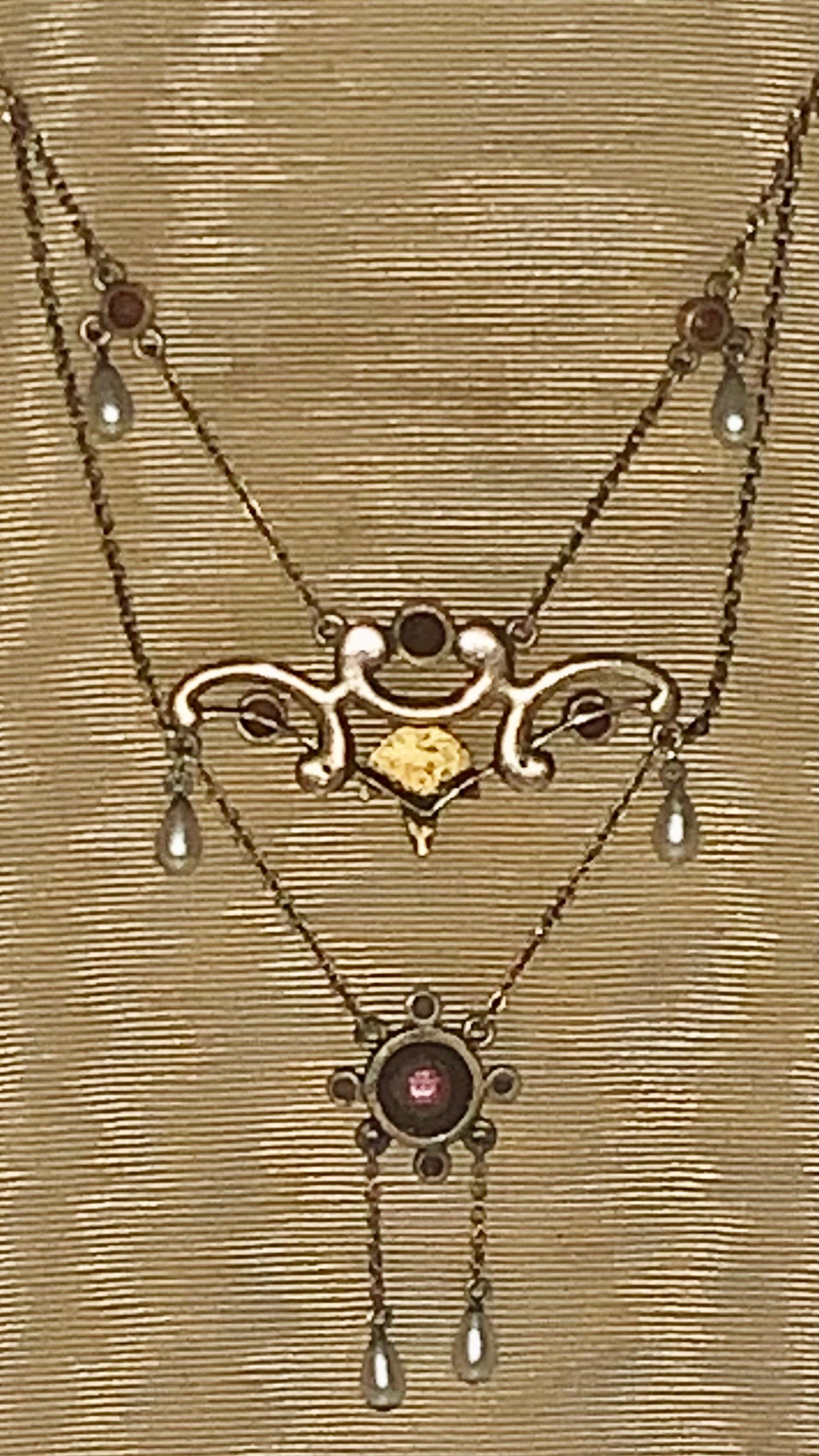 Antique Victorian Garnet Pearl Necklace 9ct Gold Lavaliere For Sale 3