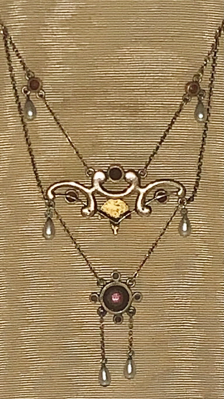 Antique Victorian Garnet Pearl Necklace 9ct Gold Lavaliere For Sale at ...