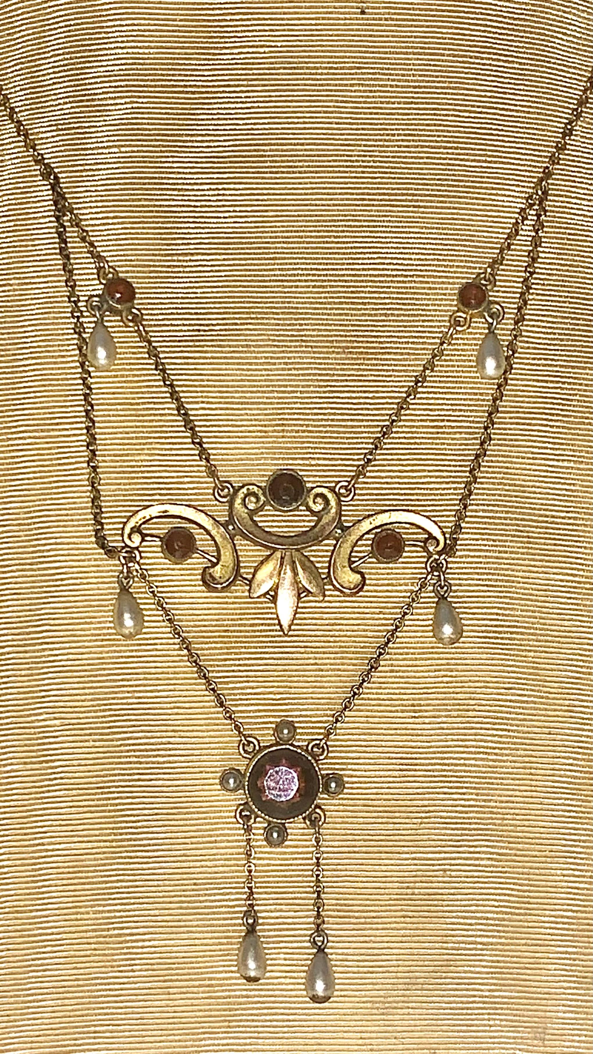 Antique Victorian Garnet Pearl Necklace 9ct Gold Lavaliere For Sale 4