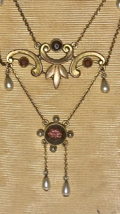 Collier lavallière victorien ancien en or 9 carats avec perles et grenats